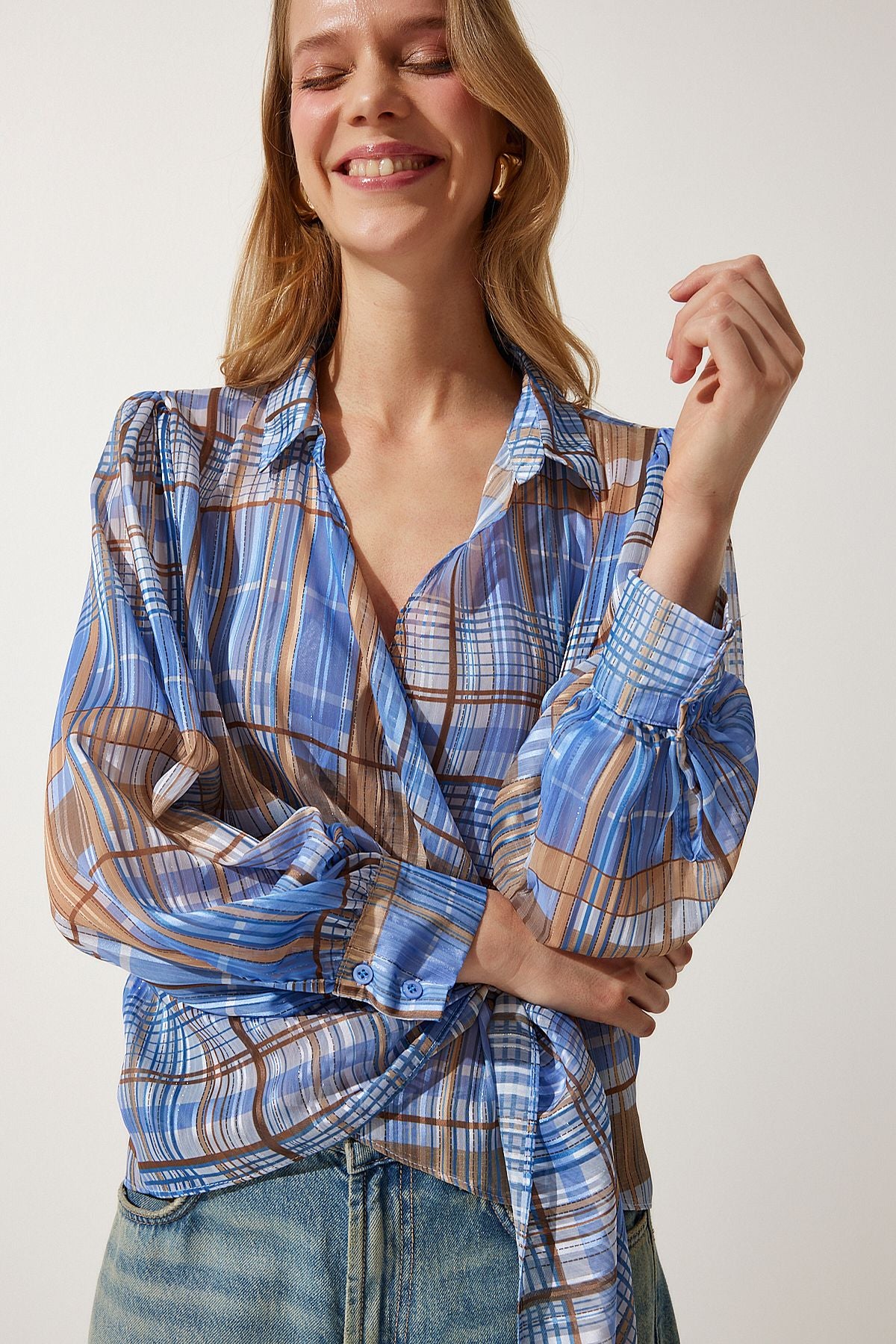 Women's Blue Gleaming Threaded Checkered Shirt WF00066