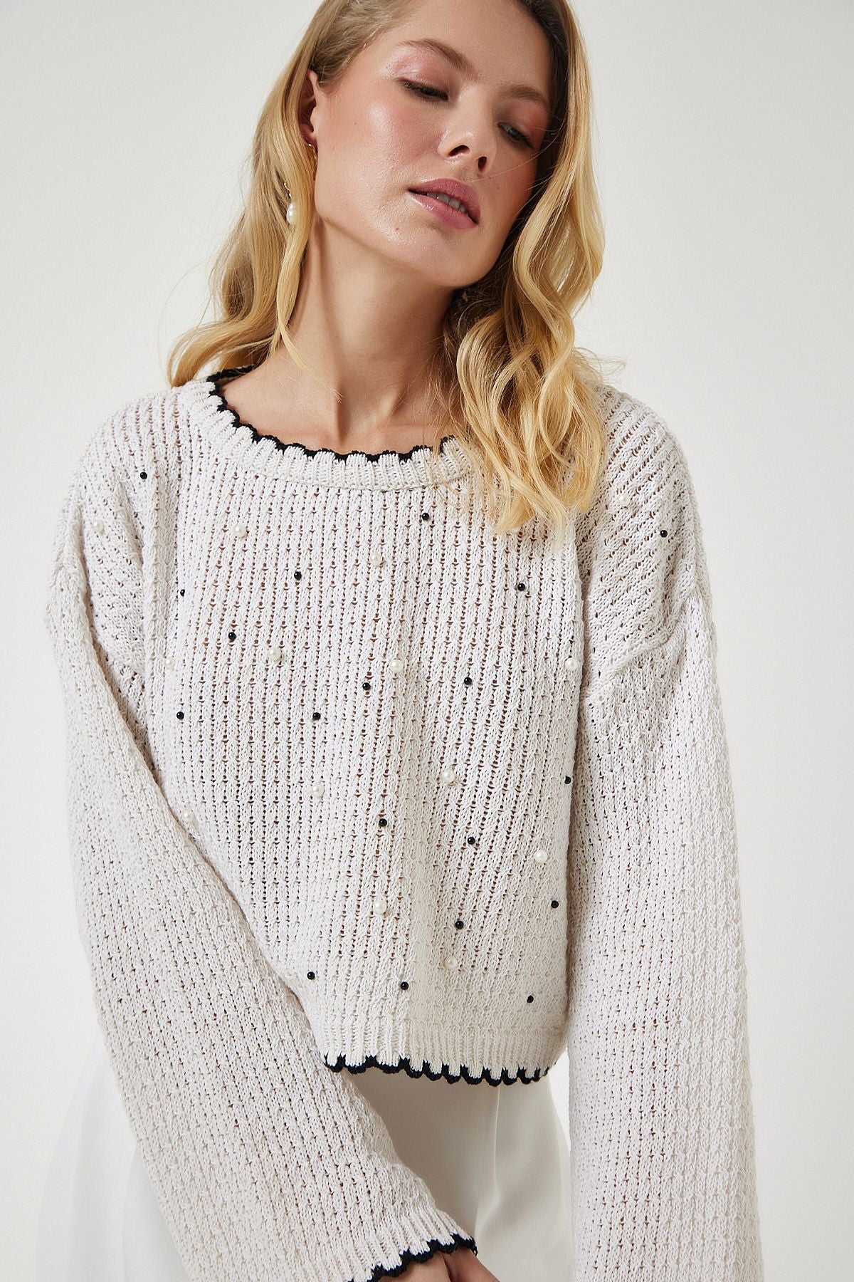 Women's Cream Gospel Offer Mevsimli Crop Knitwear sweater MC00256