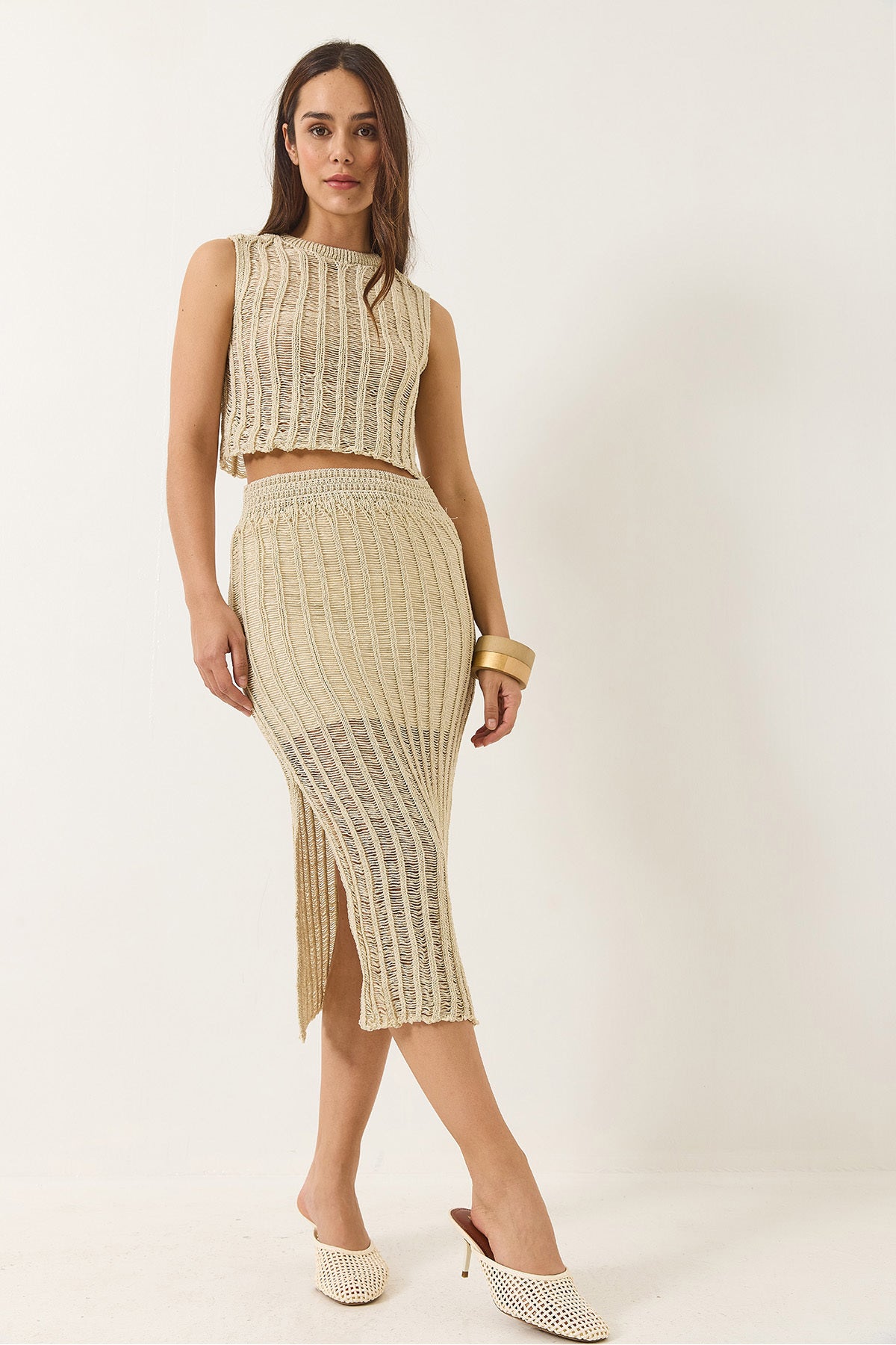 Women's Openwork Lined Slit Detailed Skirt Crop Metallic Glitter Bottom-Top Set 37086 60283145