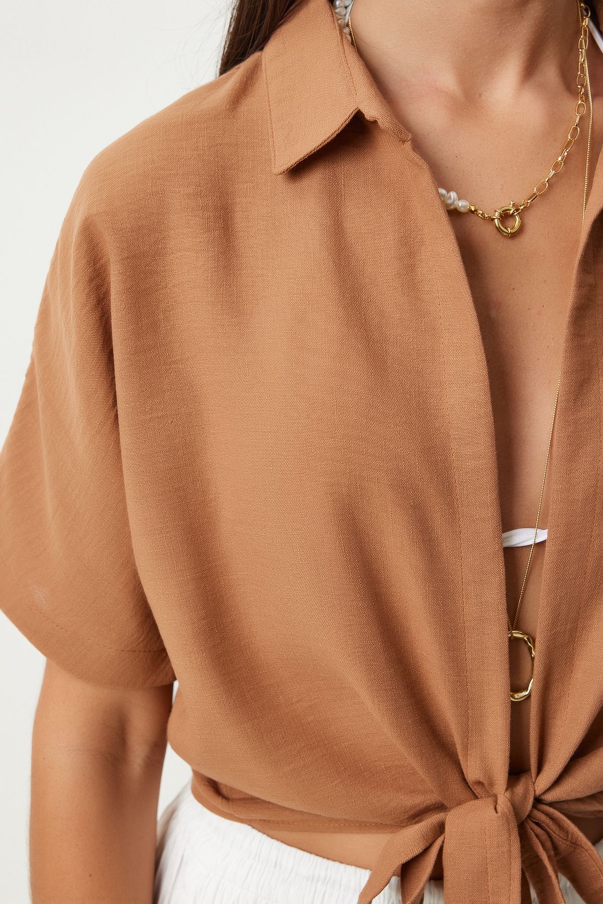 Woman Camel Binding Detailed Linen Blouse MX00151