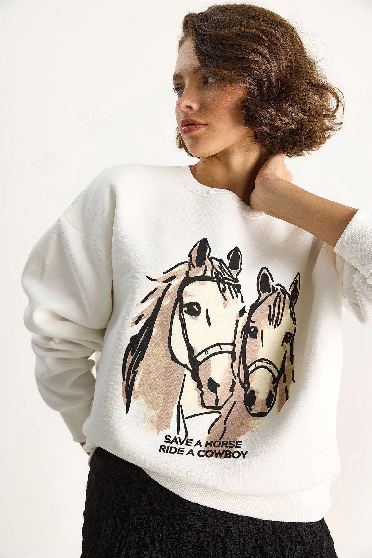 Women's Crew Neck Digital Cowboy Printed Loose Sweatshirt 6896 60283521