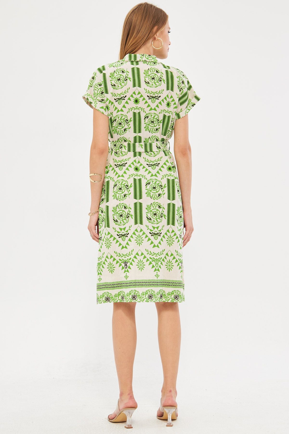 Female peanut green patterned linen-looking waist belt short sleeve shirt dress ARM-24Y001108