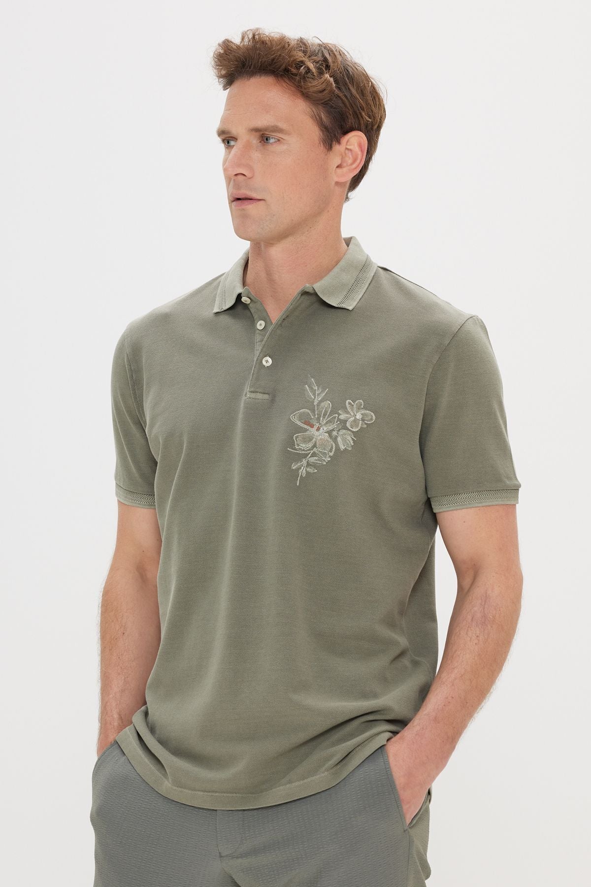 Male Khaki Slim Fit Narrow Cutting 100 %Cotton Printed Polo Yaka T -shirt