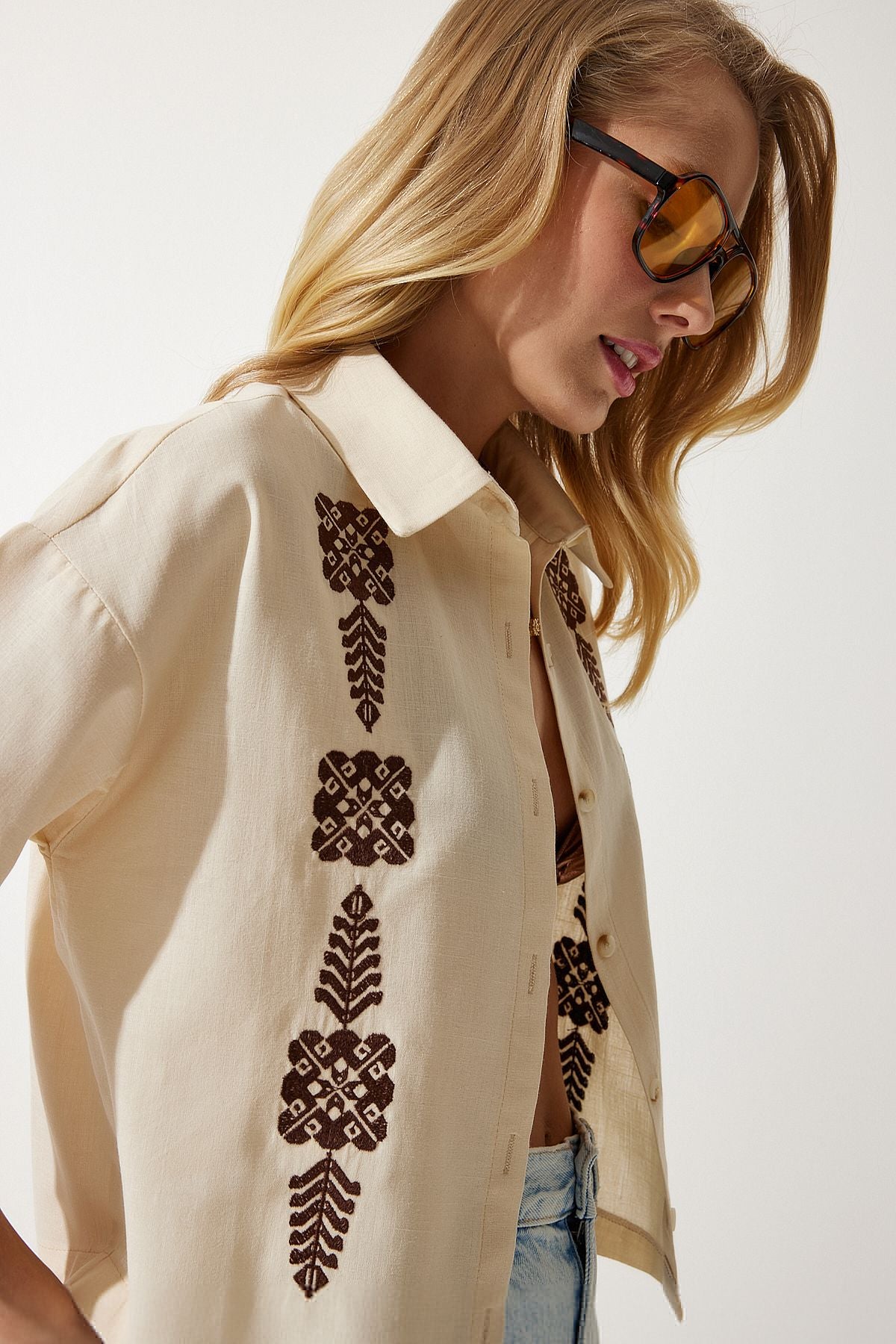 Women's Cream Embroidery Short Linen Shirt RG00009