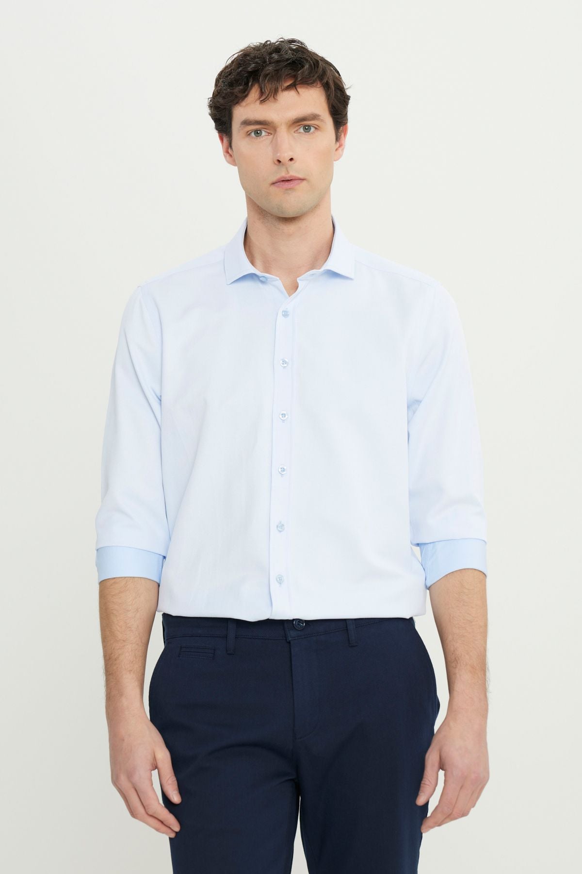 Men's Blue Easy ironing Slim Fit Narrow Cutting Italian Collar Amest Shirt
