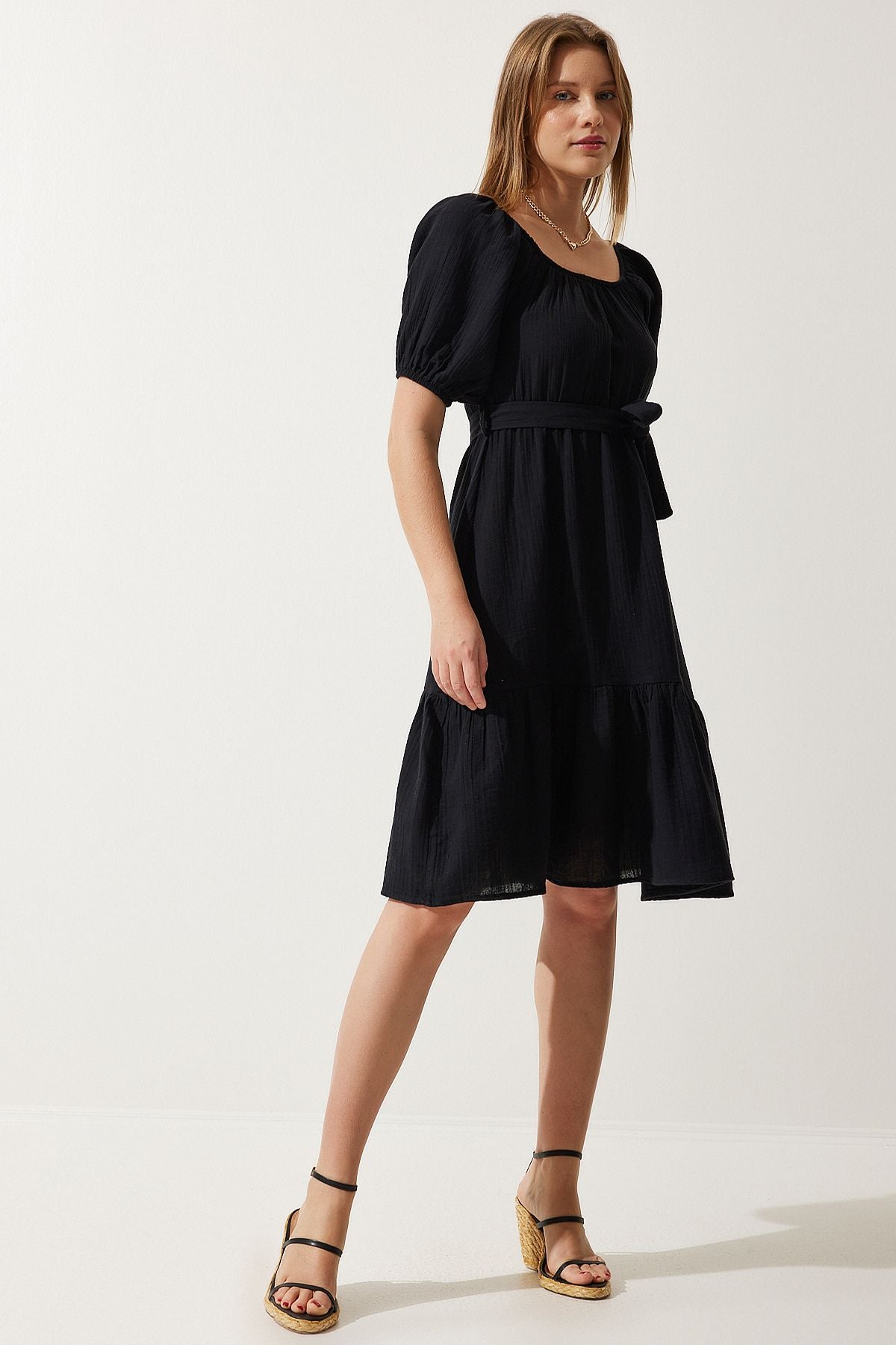 Female Black Carmen collar belt cottage Muslin dress MX00157
