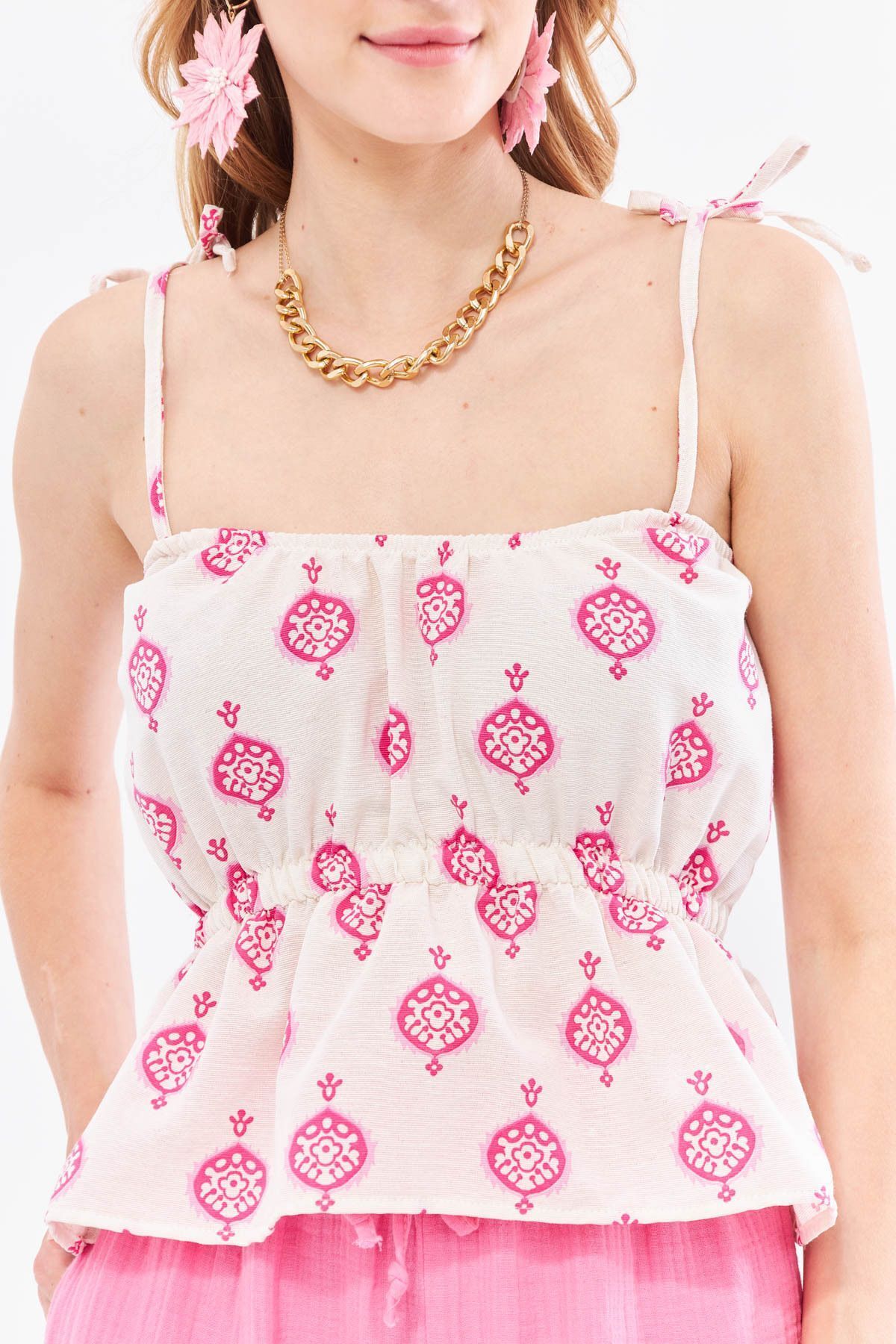 Women's Fuchsia Patterned Linen -Looking Waist Tire Hangers Connect Detailed Strapless Crop Blouse