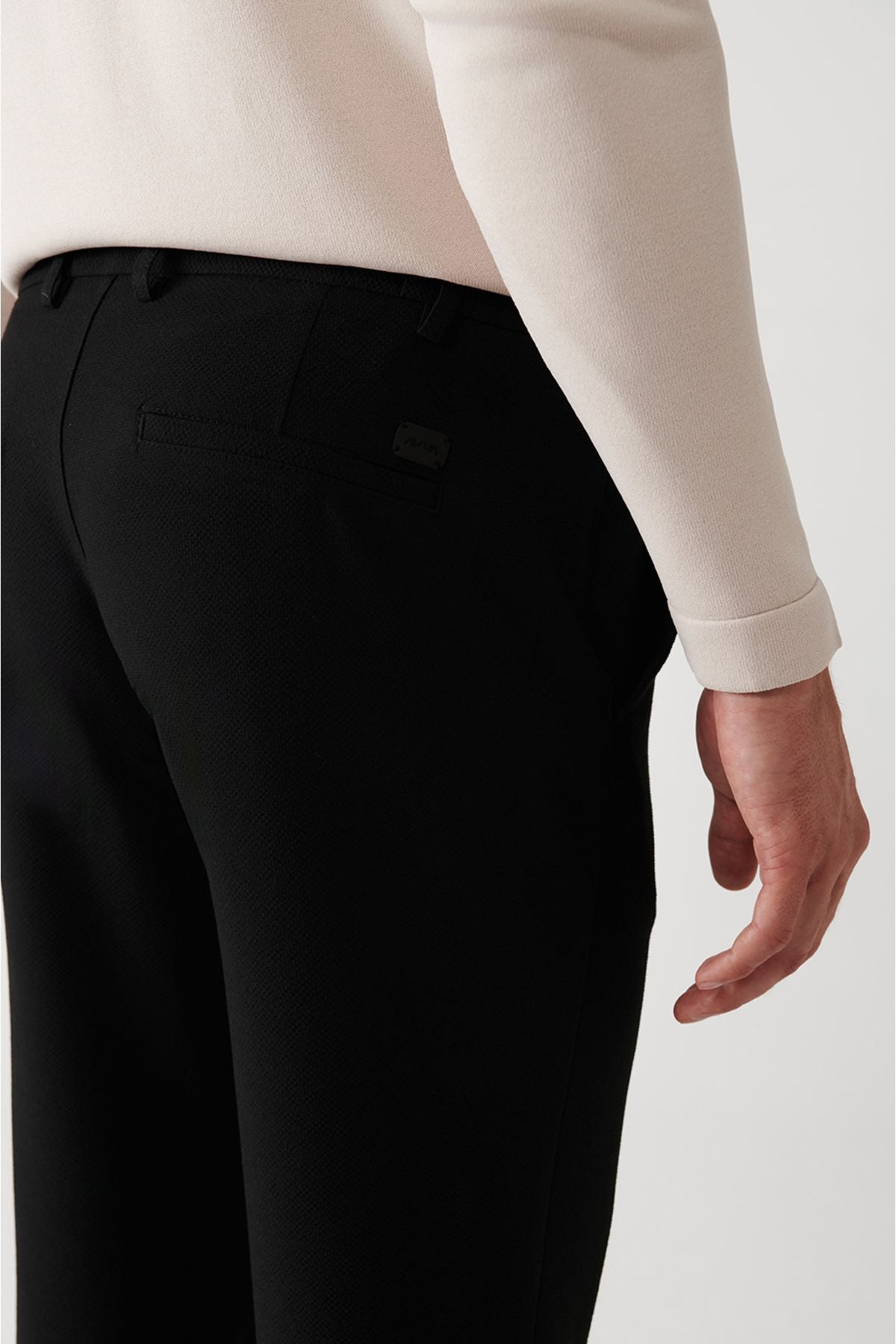 Men's Black Side Pocket Side Waist Waist Flexible Dupled Paça Chino Pants