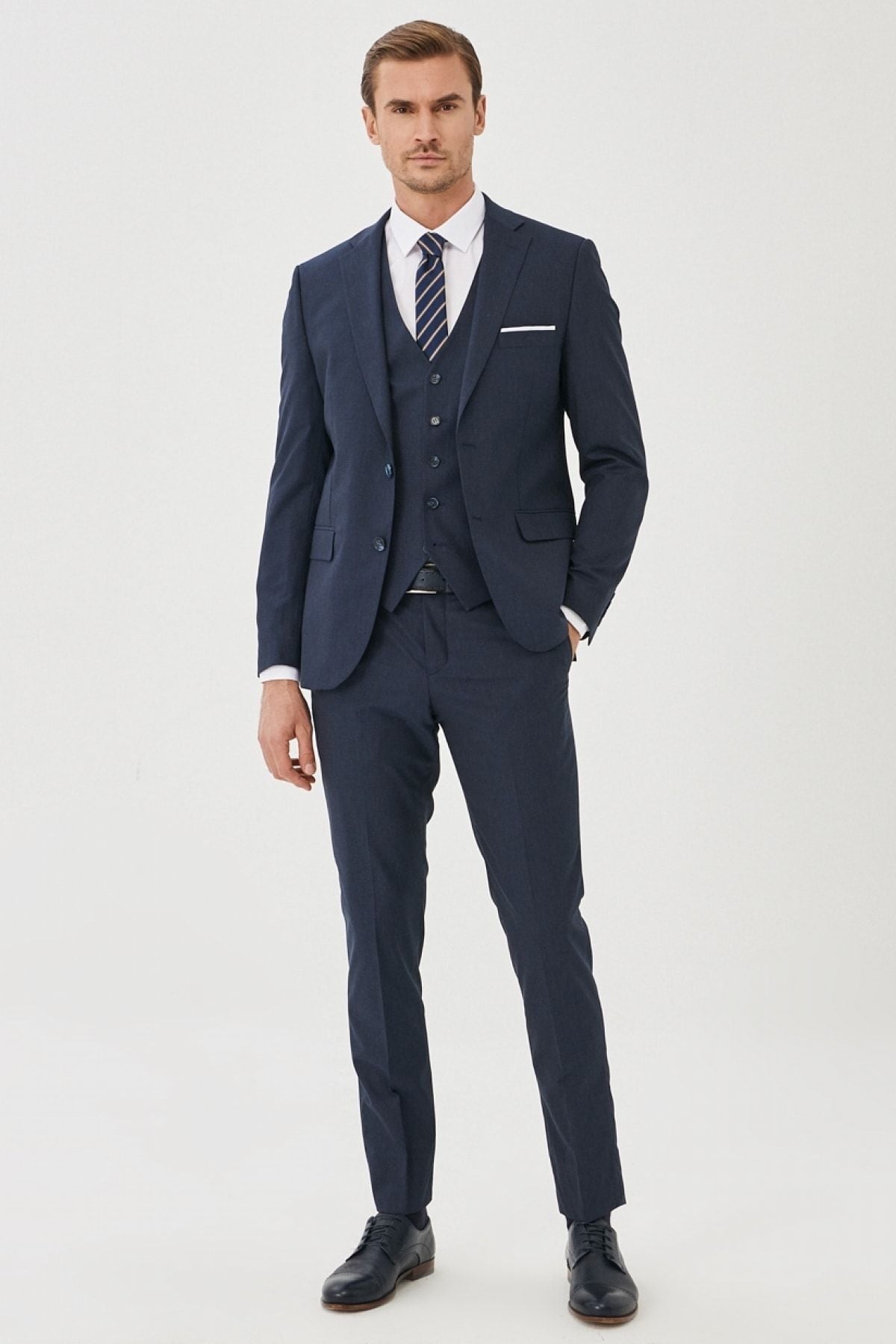Men's navy blue-blue woolen extra slim fit narrow-cut patterned casual vest suit suits