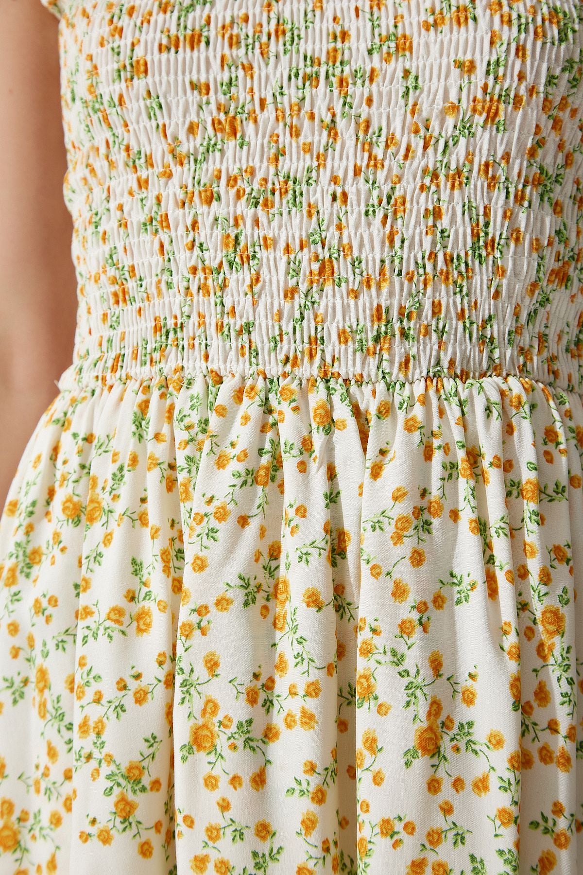 Female Ecru Yellow Flower Volan Summer Viscose Dress UB00226
