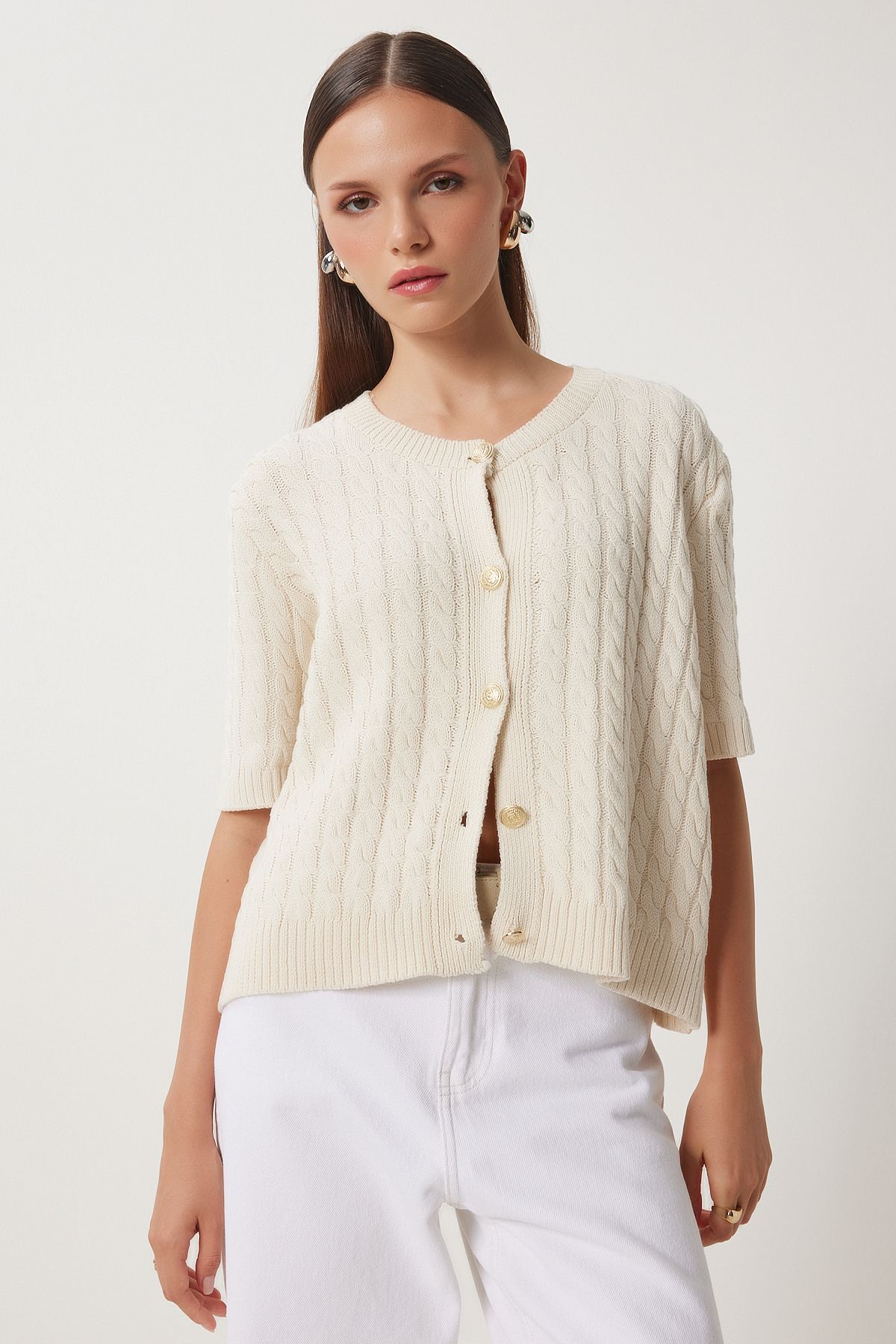 Women's Cream Bike Neck Hair Braided knitwear cardigan US00946