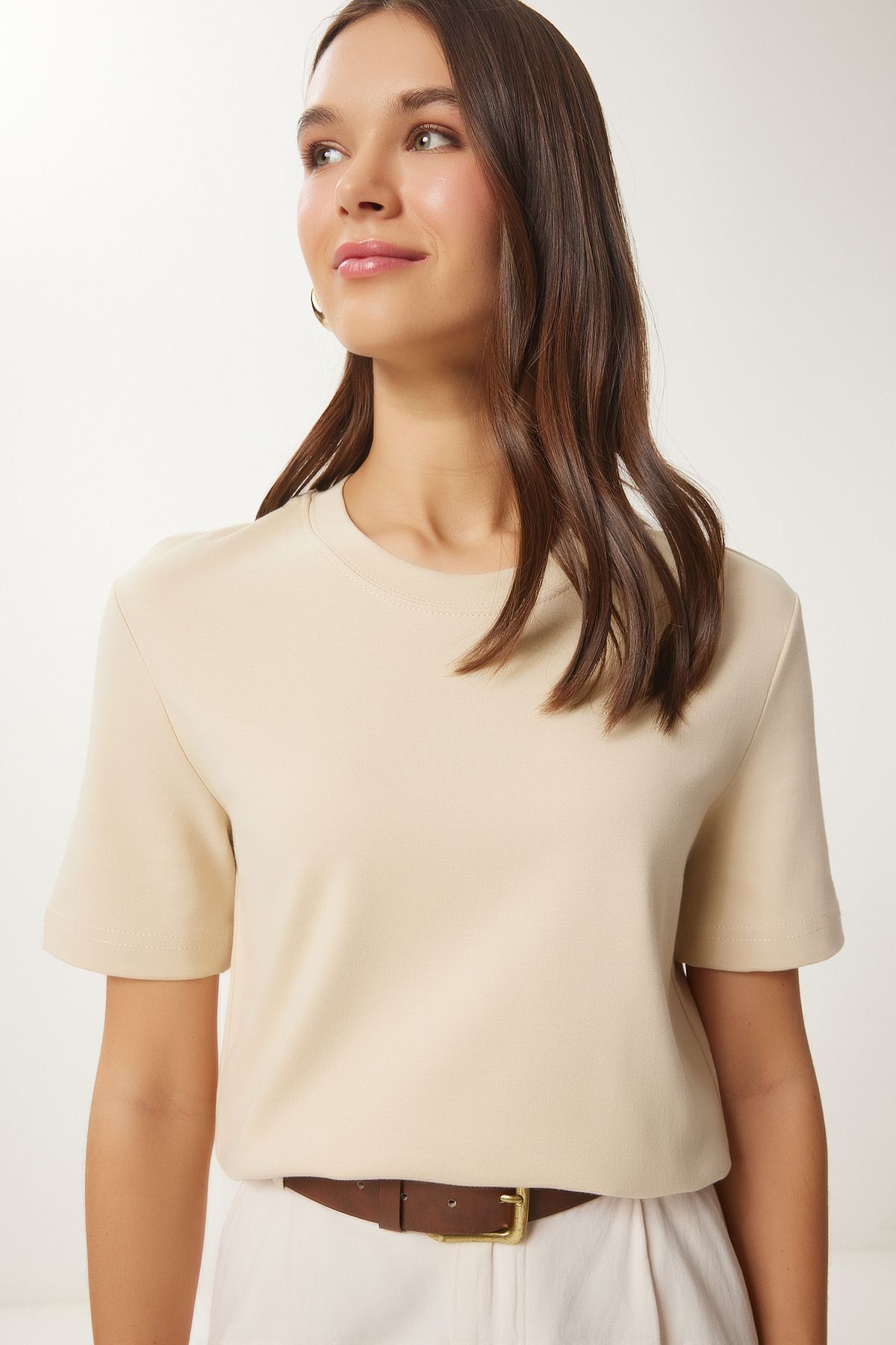Female Biscuit Cotton Basic Knitting T-Shirt AG00001