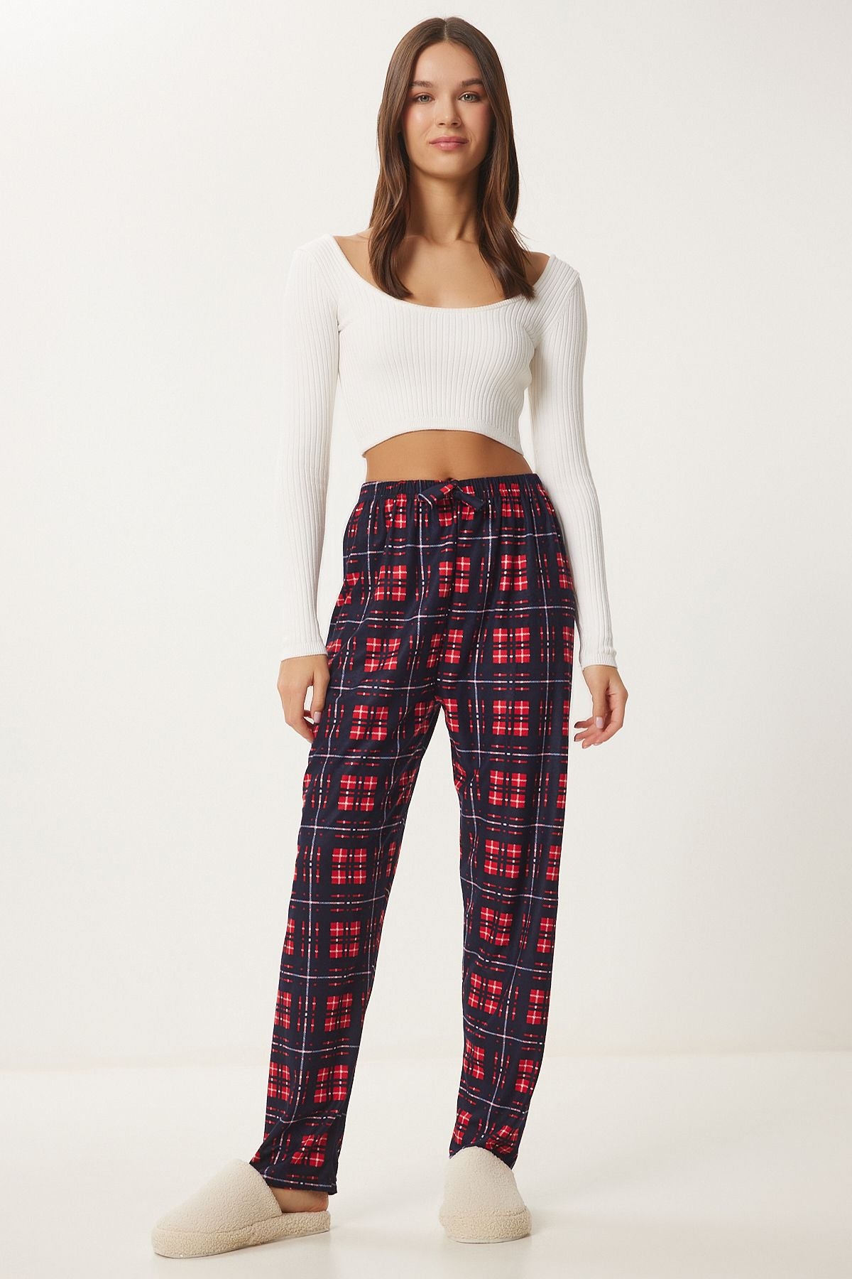 Woman Navy blue Red Patterned Soft textured knitted pajamas Six Ce00089