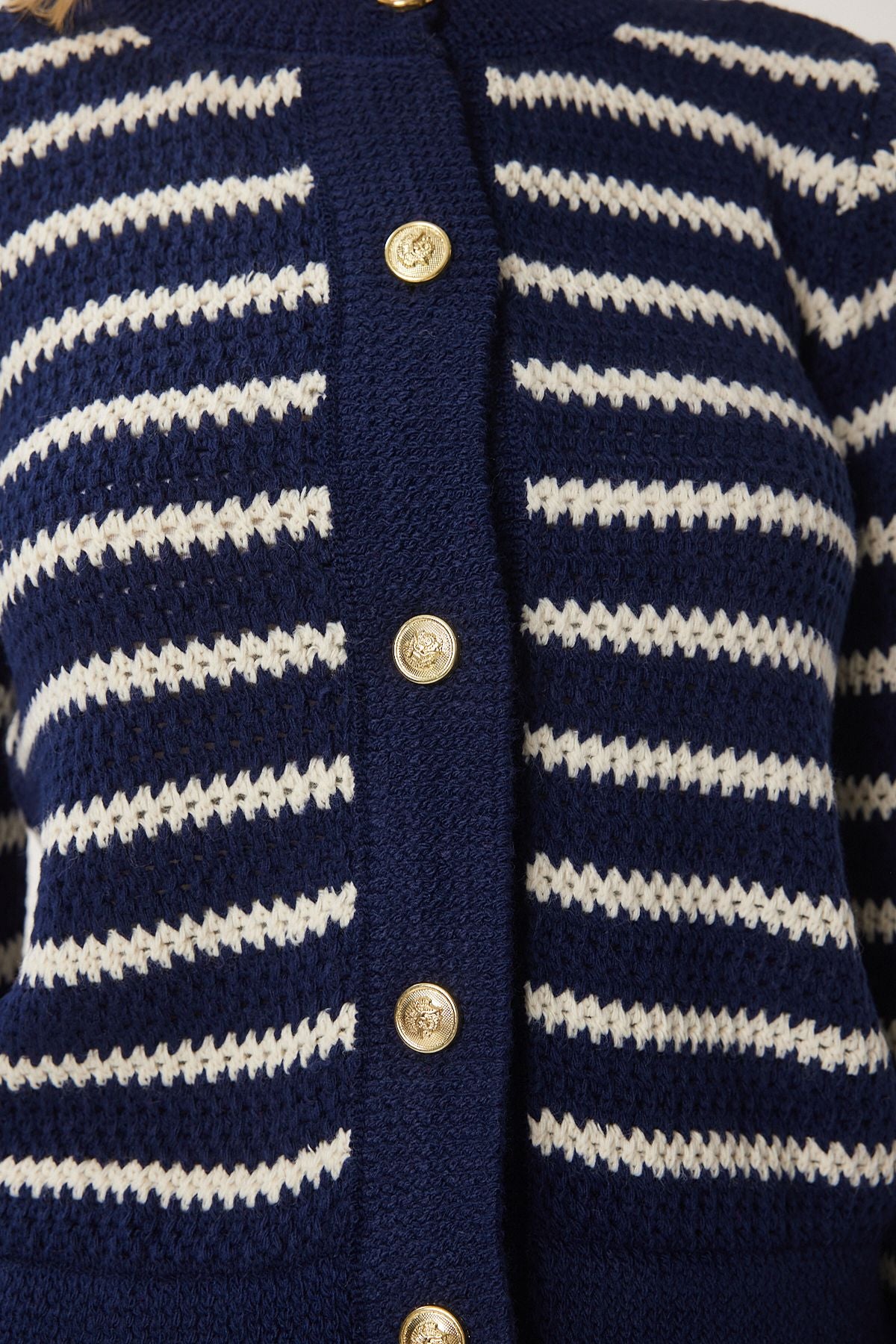 Woman Navy blue striped button thick orlon cardigan Hi00002