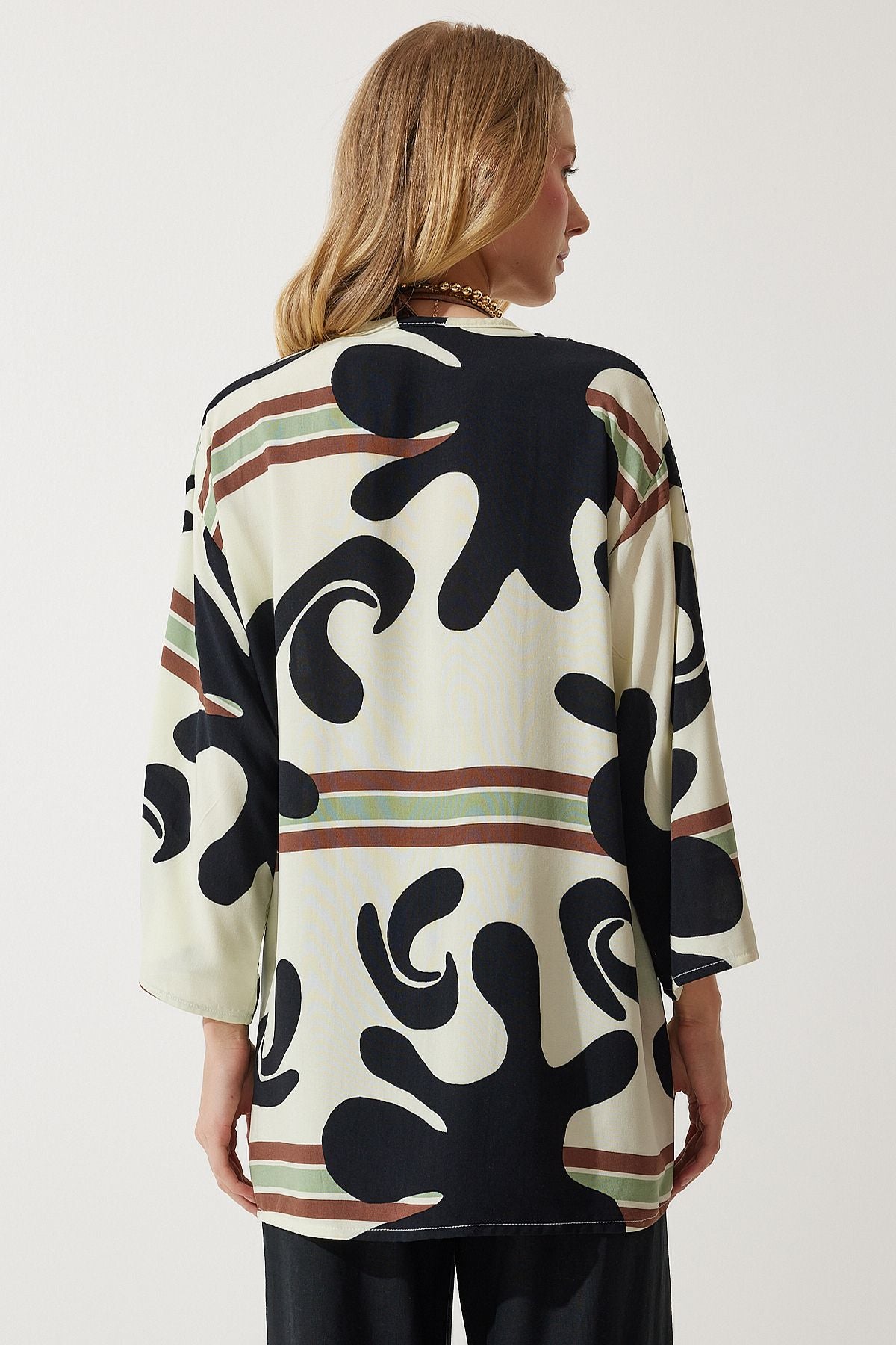 Female Black Bone Patterned Viscose Kimono EN00615
