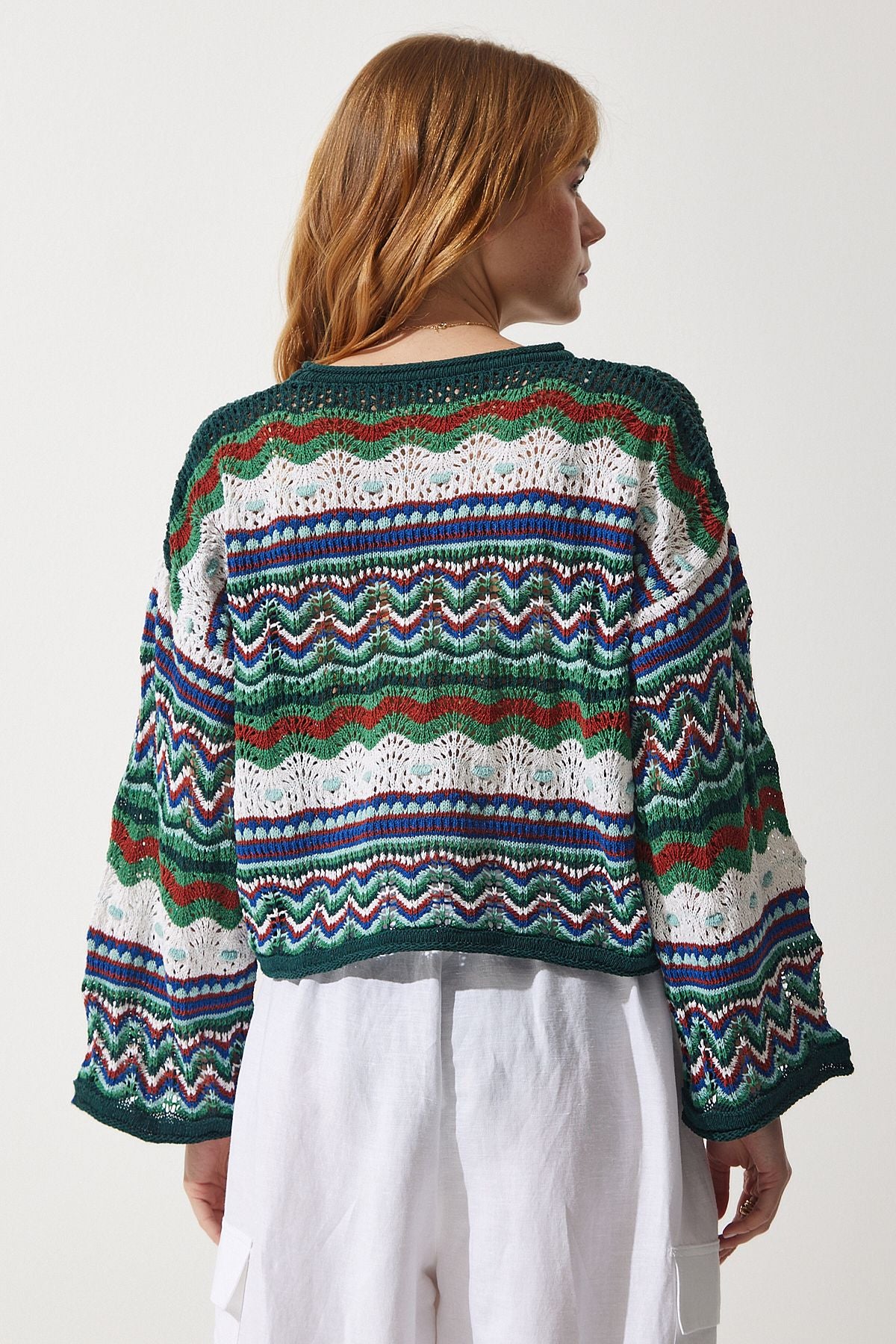 Women's Cream Green Patterned seasonal knitwear sweater MC00253