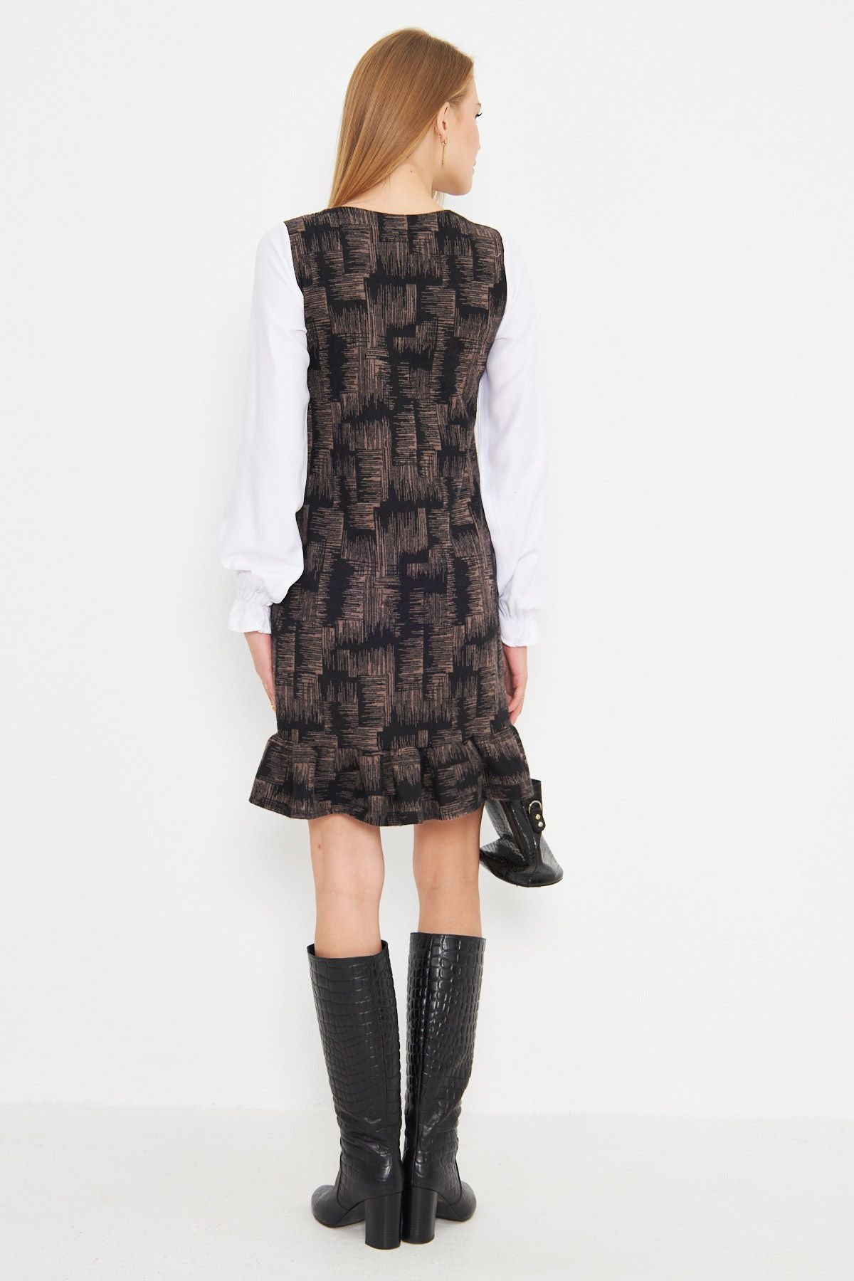 Female mink u collar skirt ruffle detailed long arm pocket dress ARM-25K001052