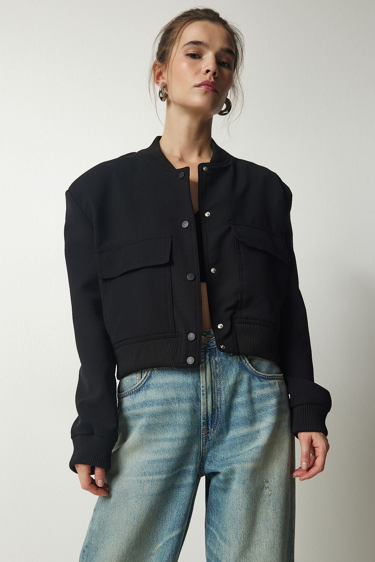 Female Black Wide Pocket Bomber Jacket FN03041