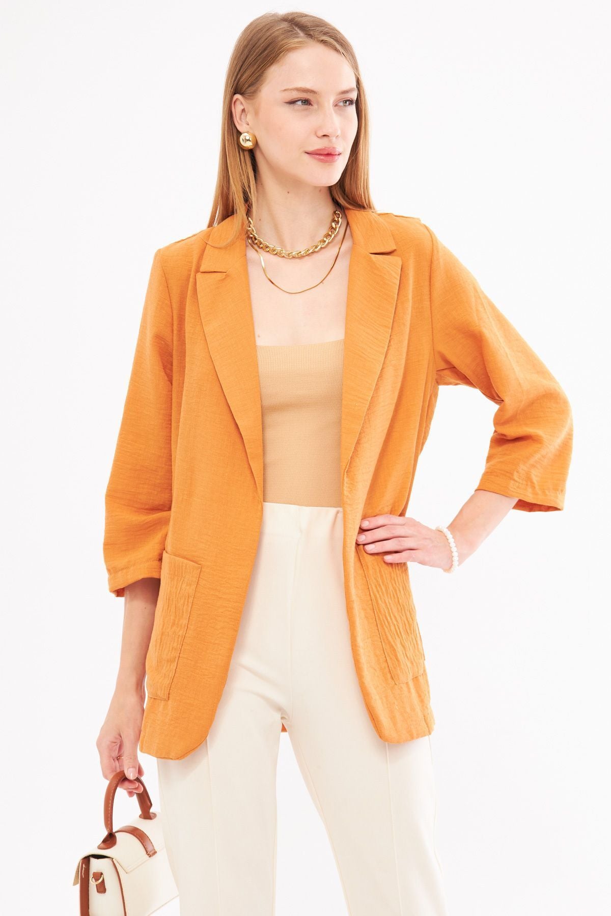 Female tile linen-looking pocket overwheeling jacket ARM-24Y001065