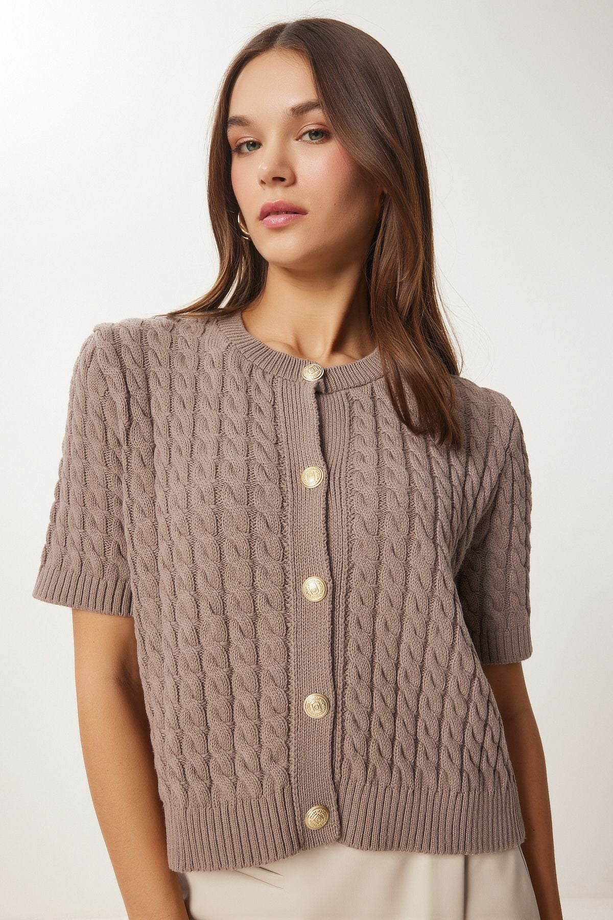 Female mink bike collar braided knitwear cardigan US00946