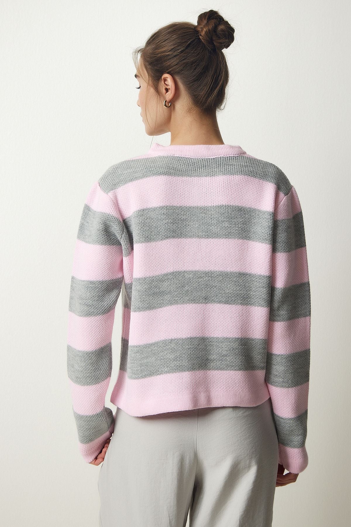 Woman Pink Gray stylish button striped knitwear cardigan NF00078