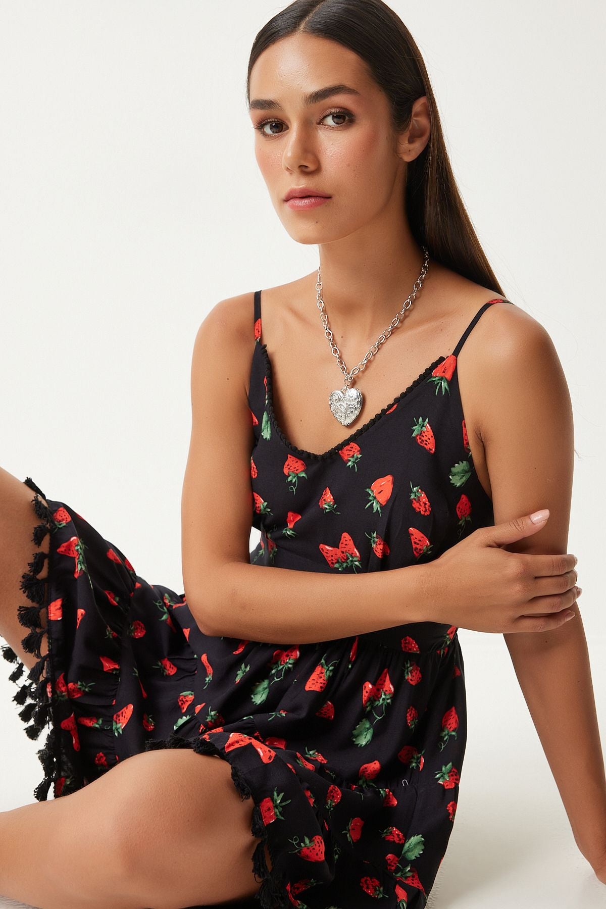 Woman Red Black Patterned Summer Viscose Dress FN03203