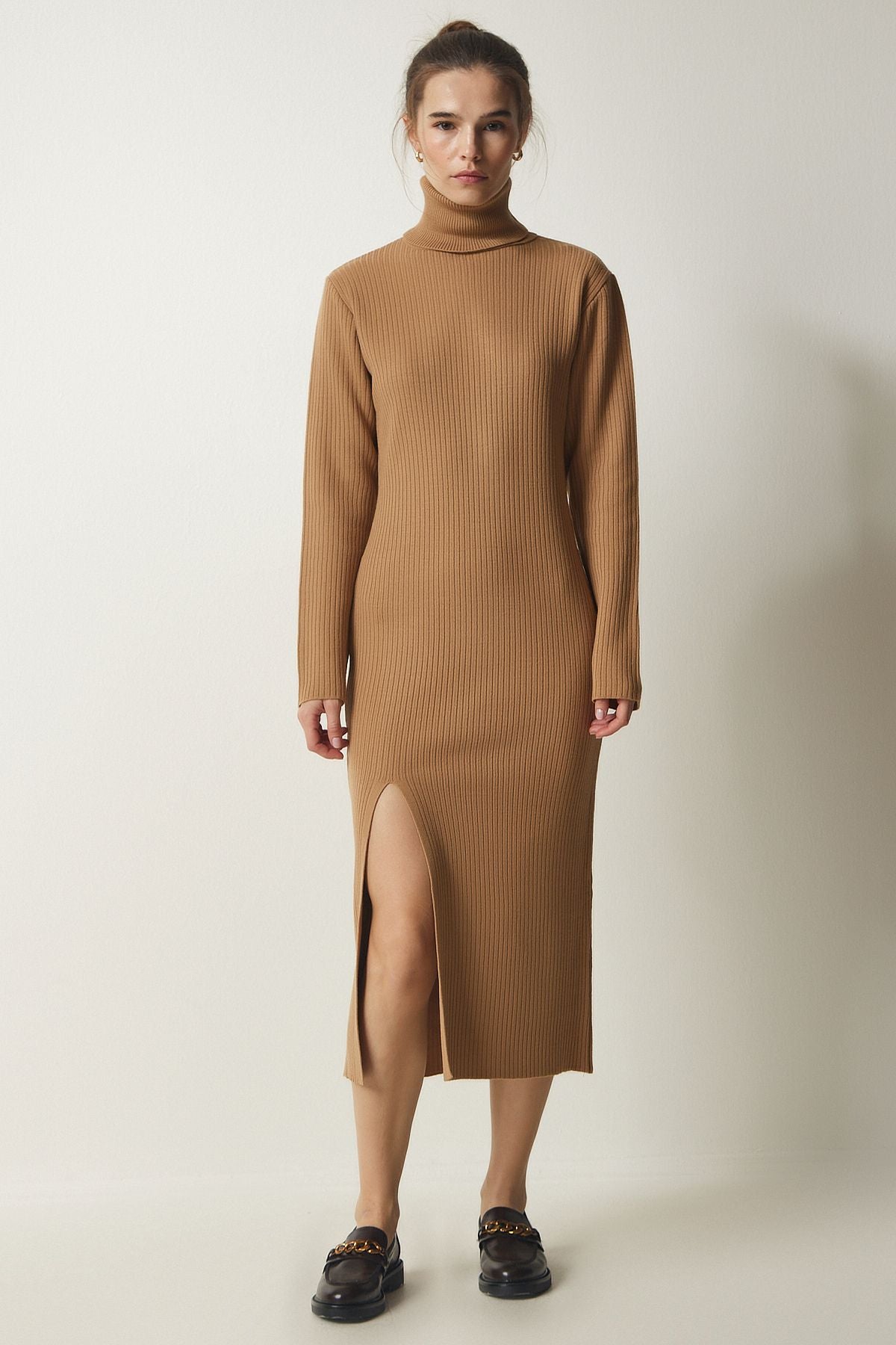 Female biscuit fisherman collar slit knitwear dress PF00038