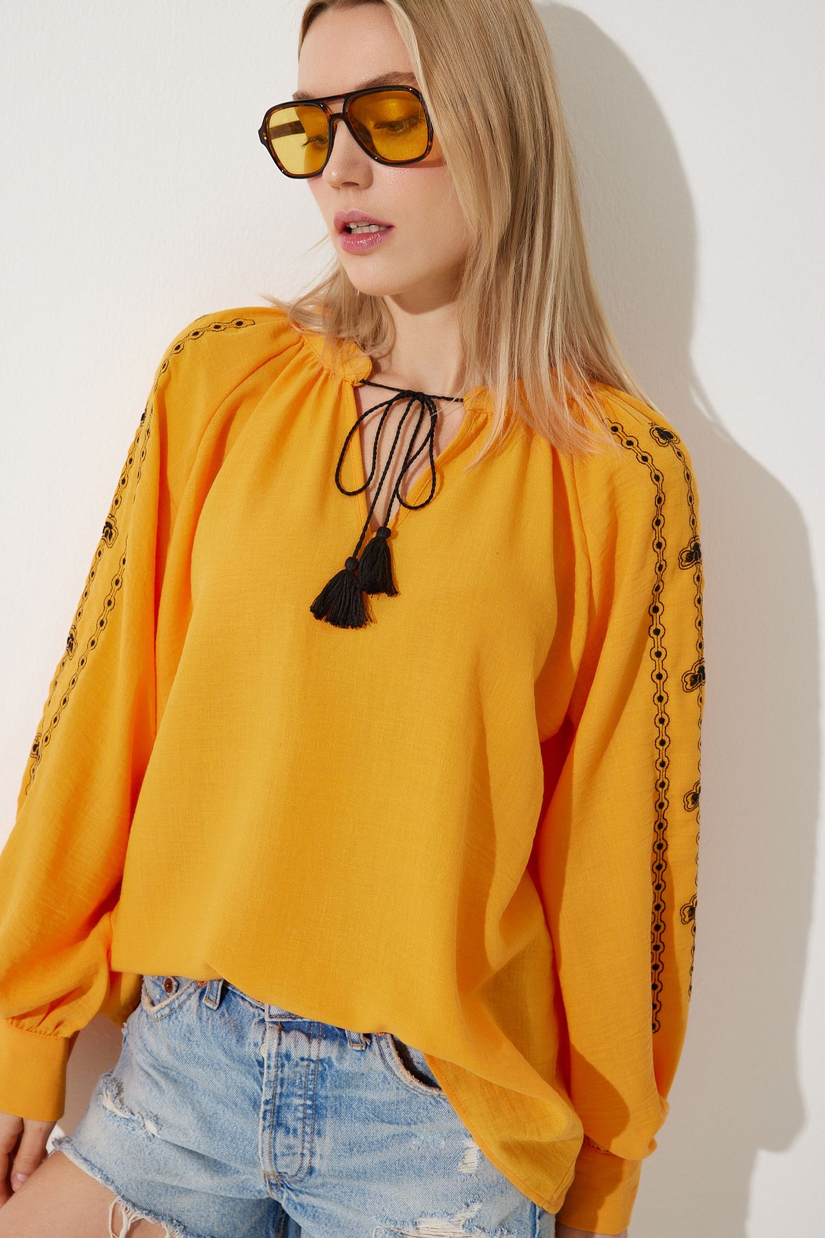 Female Orange Embroidered Oversizle Flax Blouse RG00038