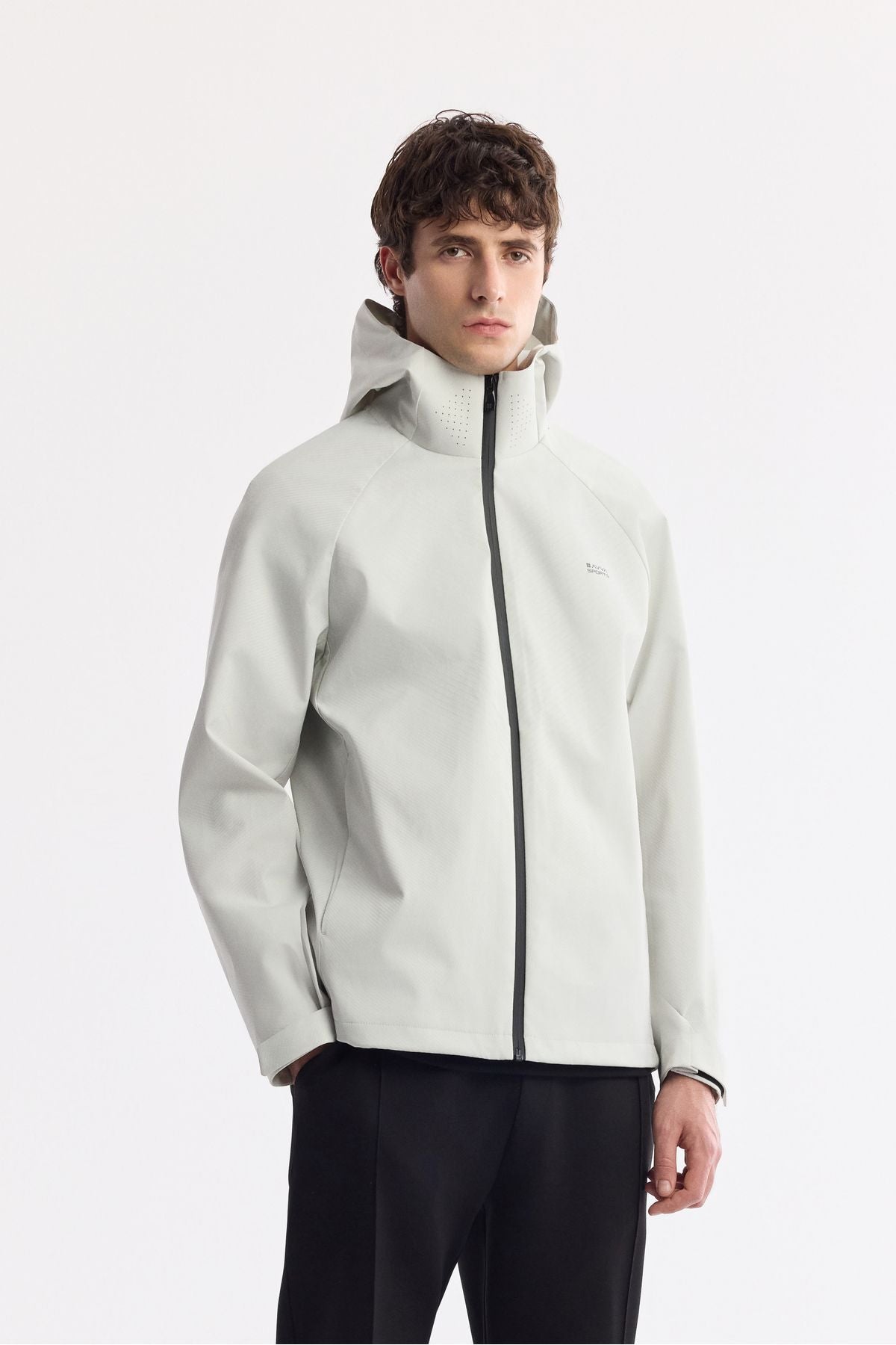 Men's light gray hooded collar windproof water repulsive light coat A51y6035