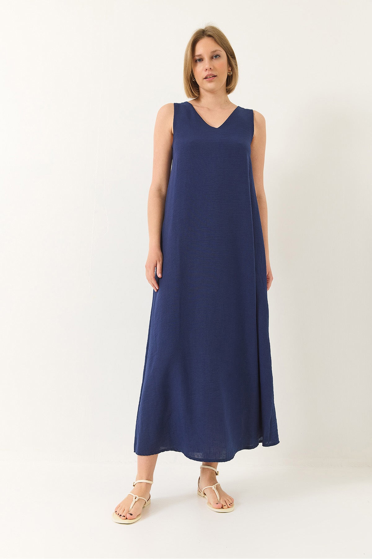 Women's V-neck Thick Strap Long Linen Dress 442 60283172