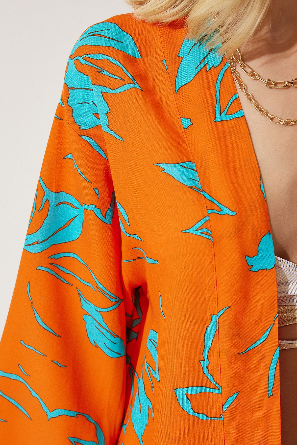 Women's Sky Blue Orange Patterned Kimono Palazzo Pants Set EN00614