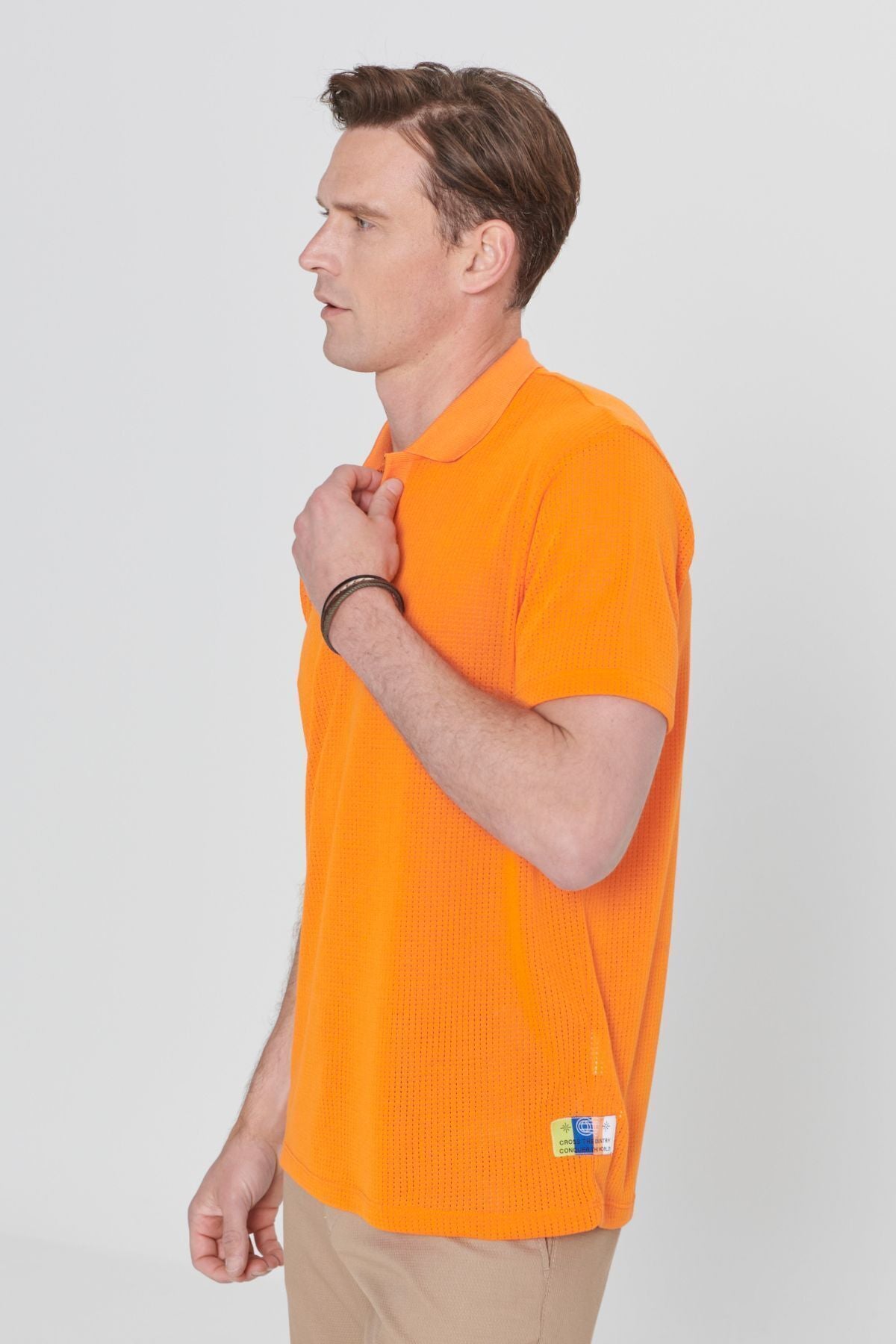 Men's orange regular fit comfortable cut polo collar label detailed T -shirt