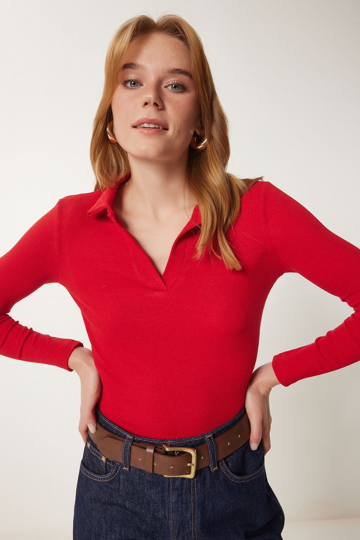 Woman Red Polo Yaka Retli Knitting Blouse GT00111