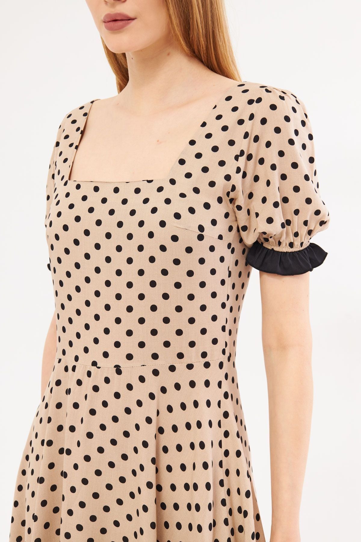 Female beige front back square neckline detailed dot watermelon watermelon armable mini dress ARM-24Y001051