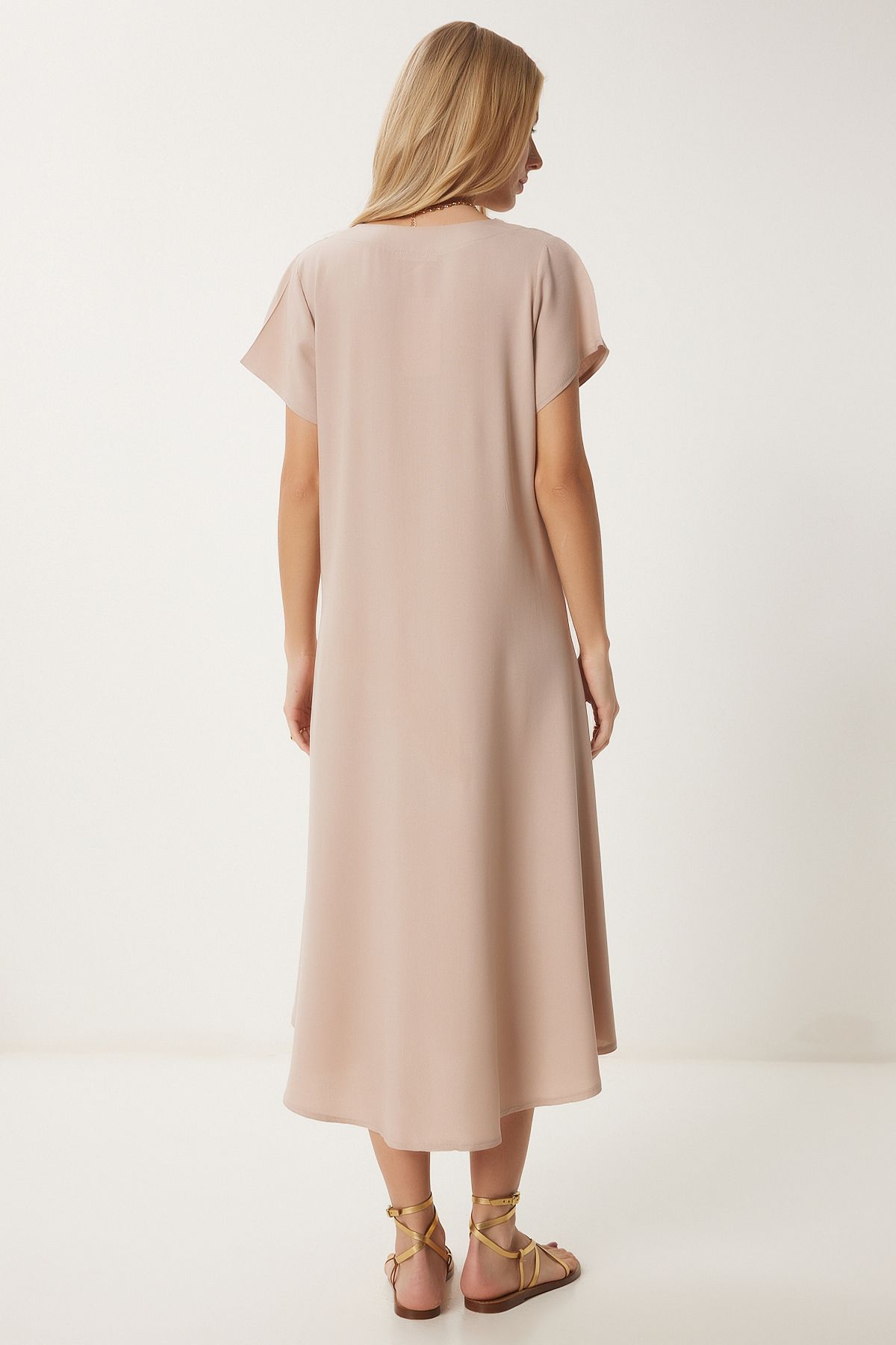 Women's Cream V -Neck Summer Casting Viscose Dress EN00612
