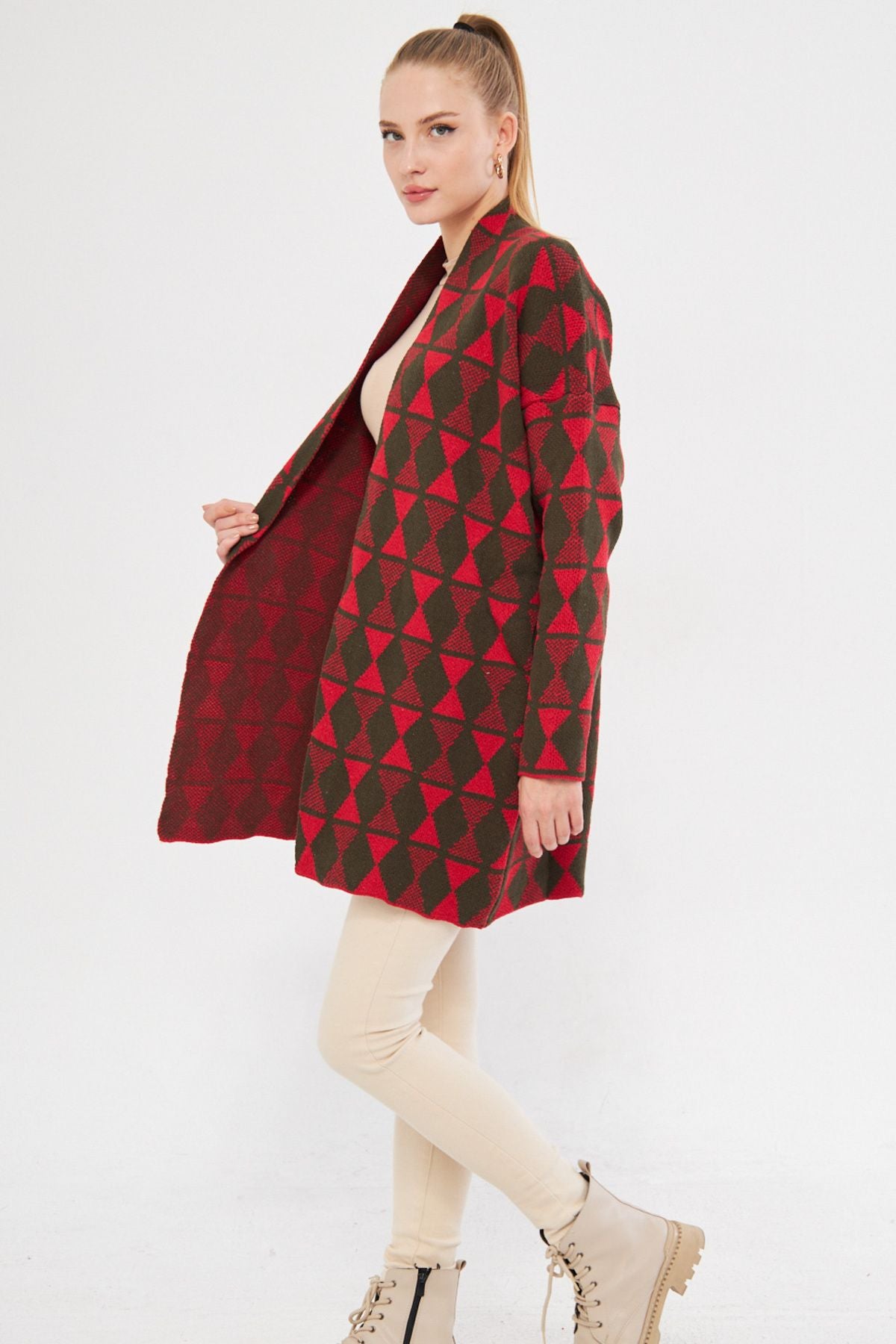 Woman Red Long Patterned Knitwear Cardigan ARM-25K012005