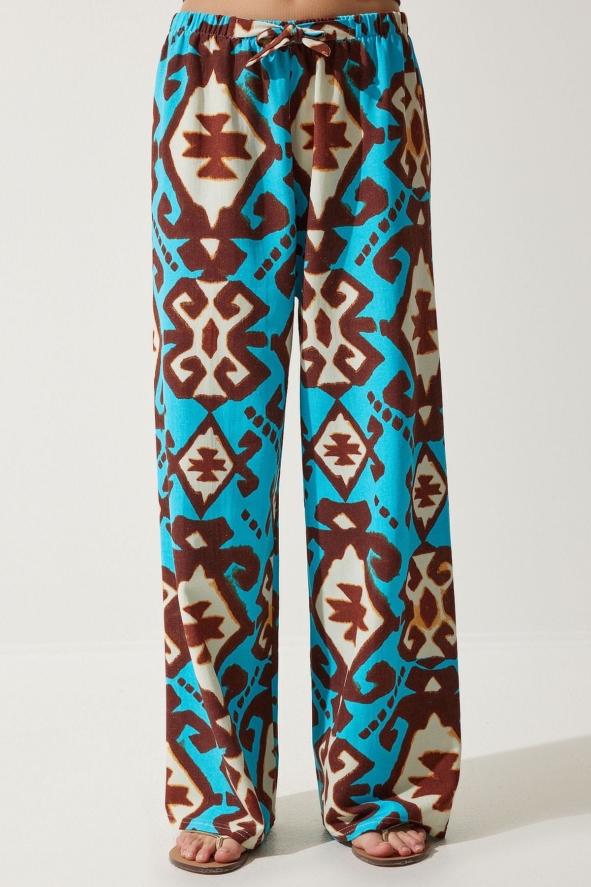 Female turquoise patterned raw linen palazzo pants BH00397