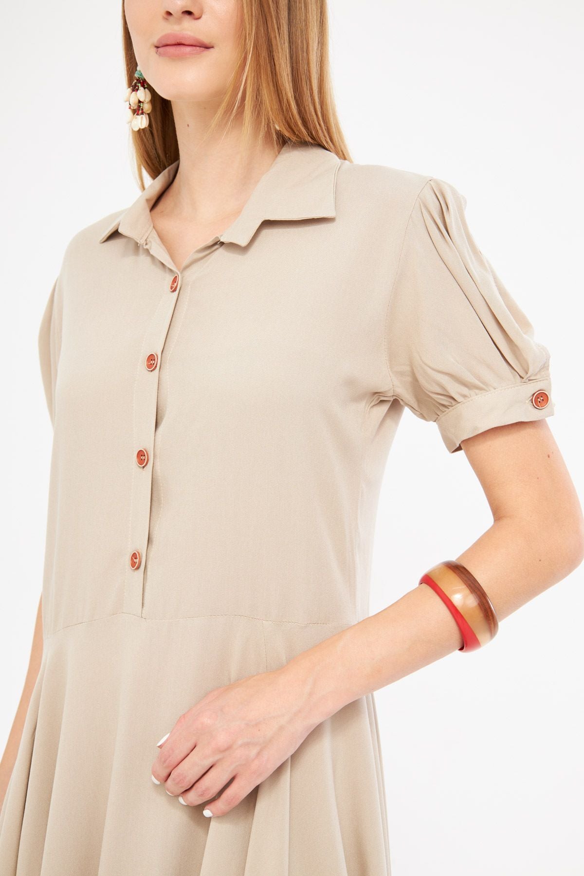 Female beige shirt collar handle slits detailed closh watermelon sleeve dress ARM-24Y001083