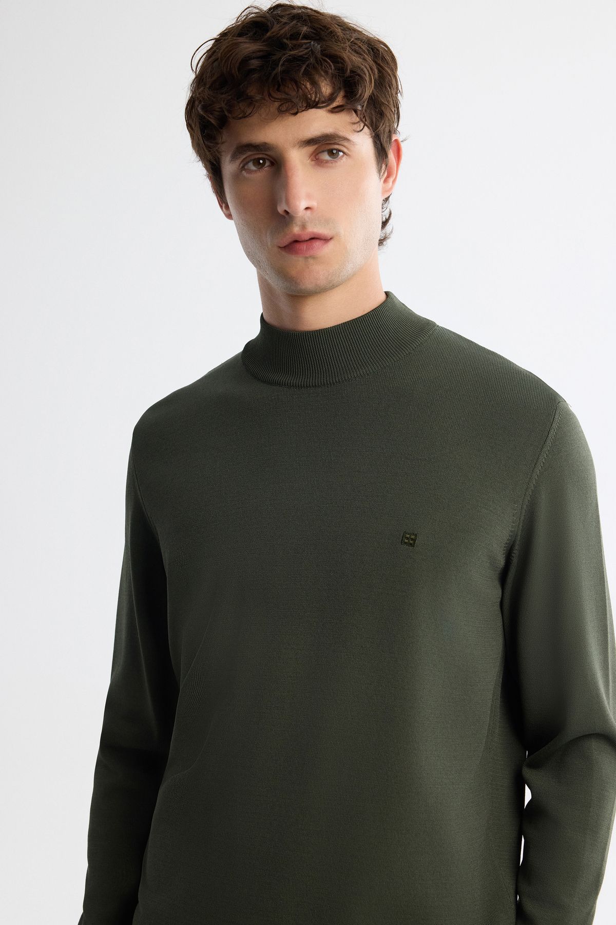 Male Khaki Half Fisherman Neck Rayon Triko Sweater A42y5100