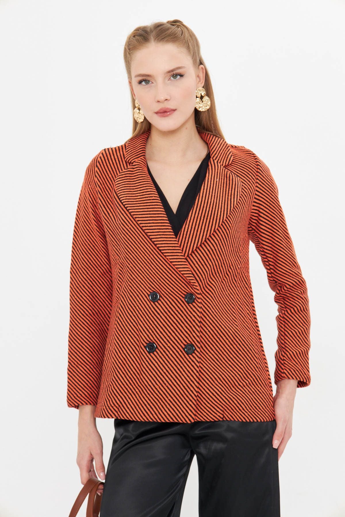 Women's Orange Line Patterned Four buttoned stamp jacket ARM-24K001037