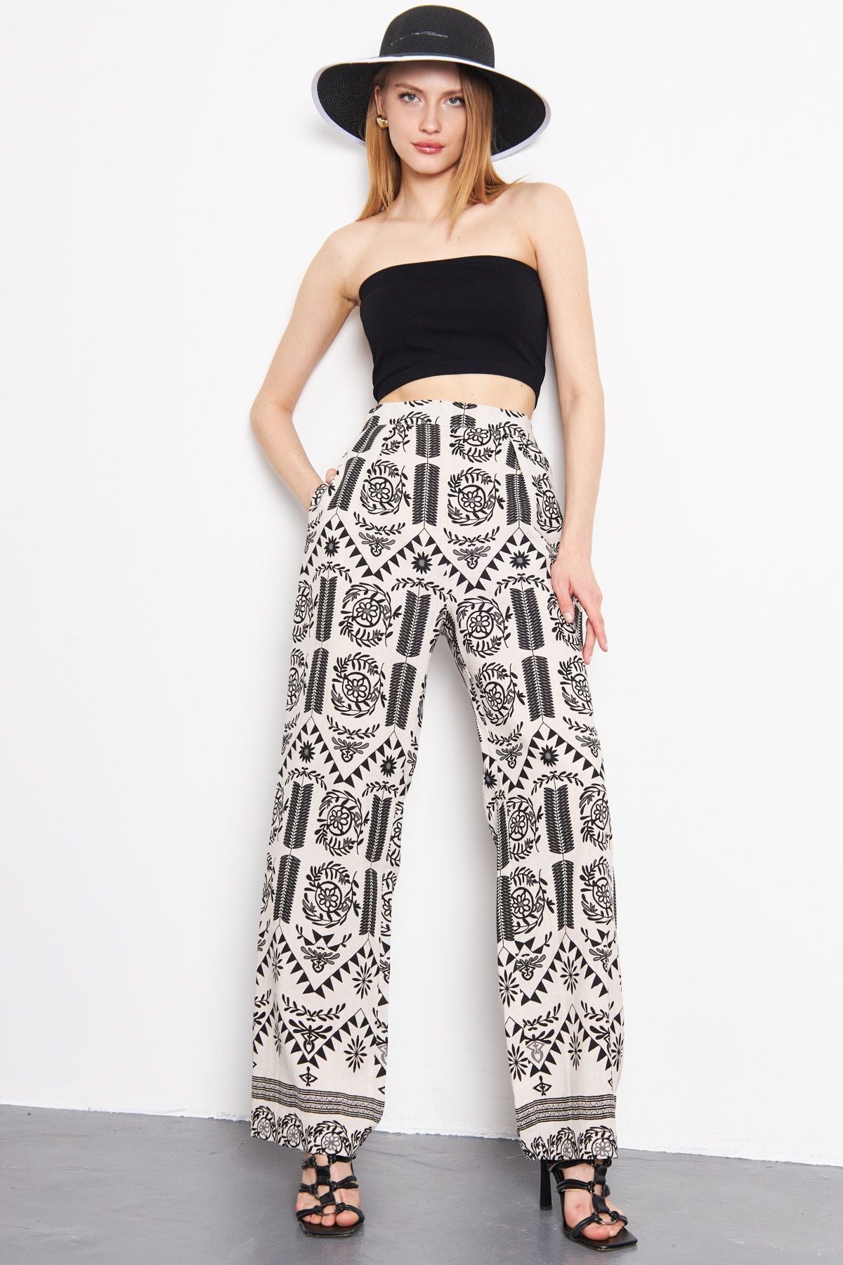 Palazzo Pants with Patterned Patterned Patterned Patterned Black-Gri Linen