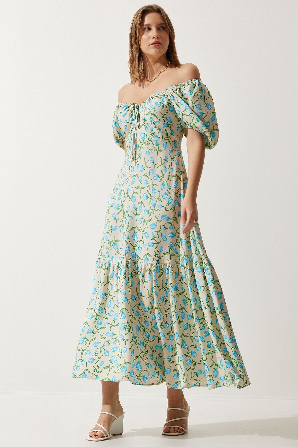 Female Beige Blue Patterned Balloon Sleeve Summer Viscose Dress FN03177