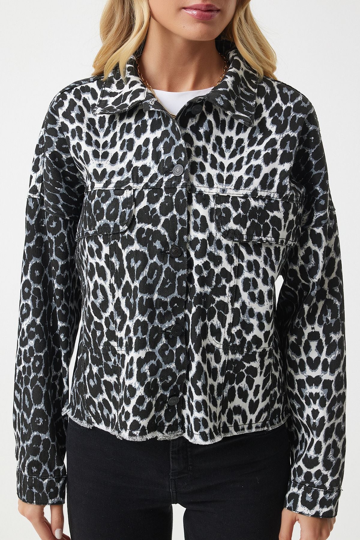 Female Black Ecru Leopard Patterned Denim Jacket VC00007