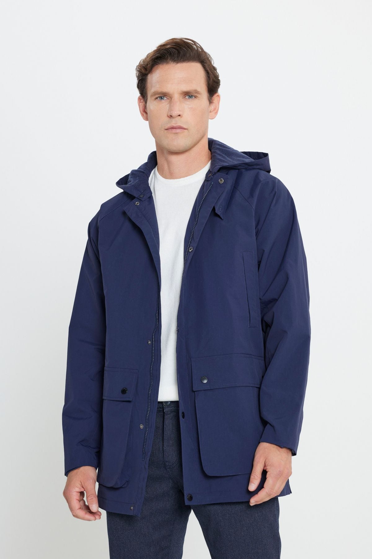 Men's navy blue hooded upright collar standard Fit Hot Hot Windproof Coat