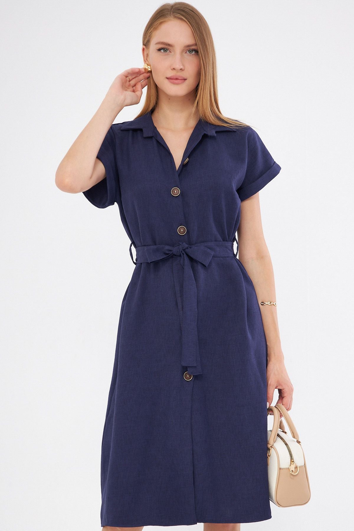 Woman Dark Navy blue linen looking waist belt short sleeve shirt dress ARM-24Y001084