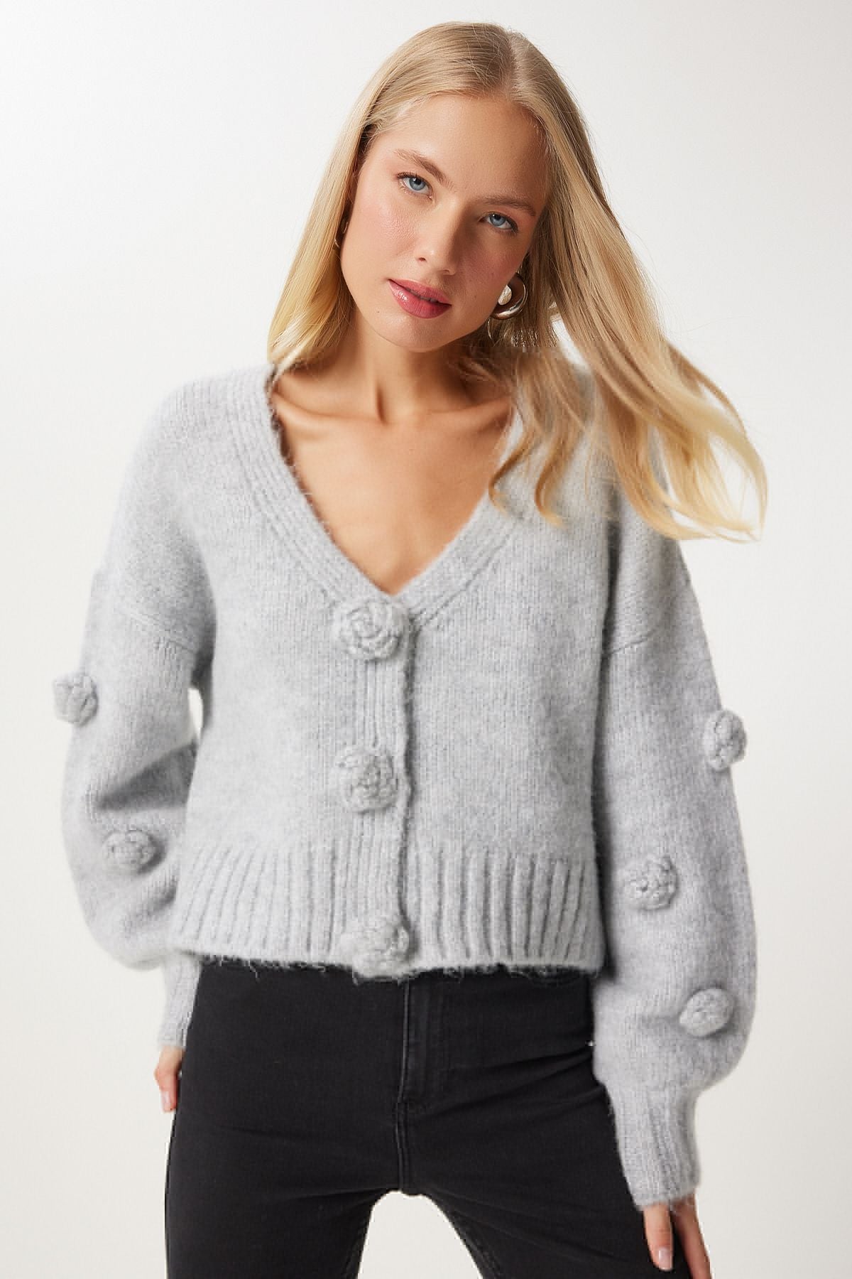 Women's Gray Pompom Flower Detail Triko Cardigan PF00078