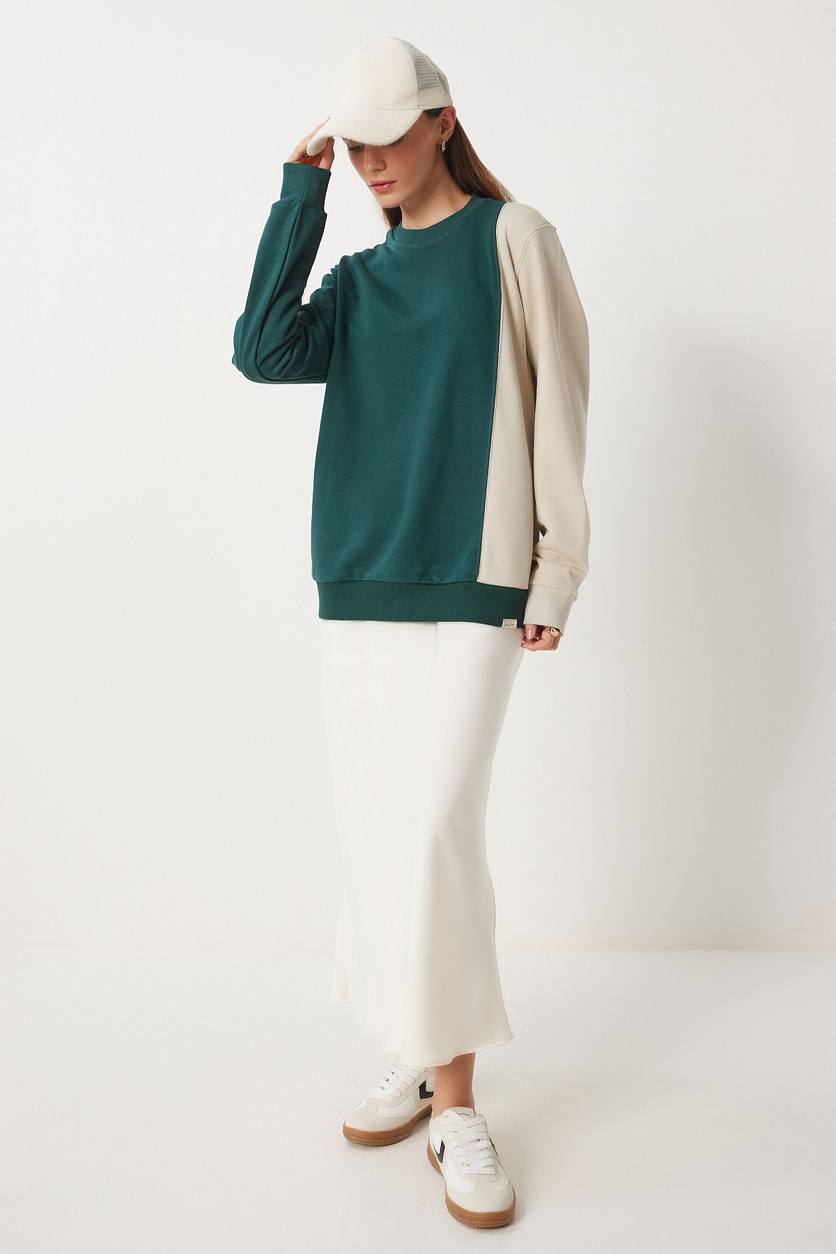Female Green Block Color Knitting Sweatshirt vn00021