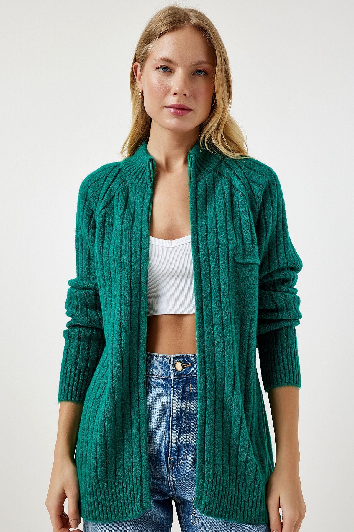 Woman Dark Green Zippered Knitwear Cardigan DD01301