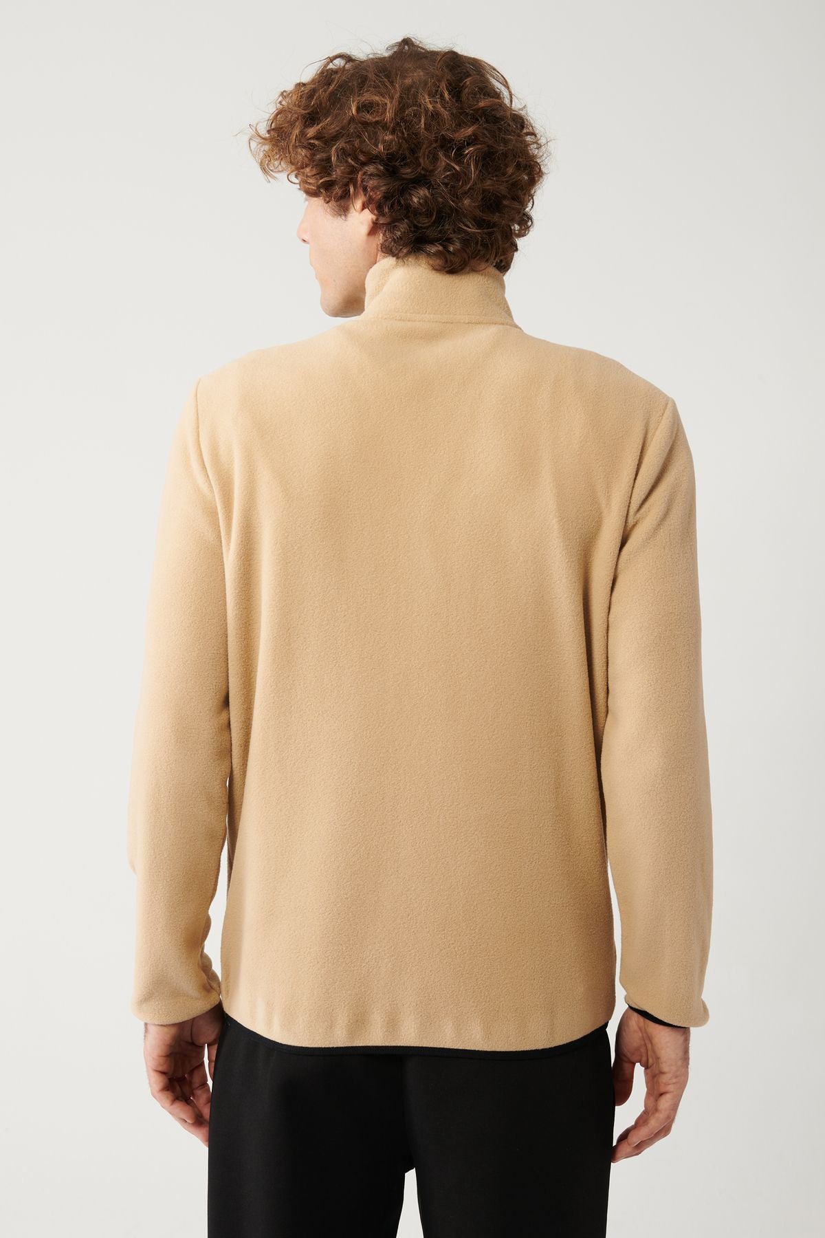 Men's Beige Polar Sweatshirt vertical collar resistant half -zipper regular Fit E001068