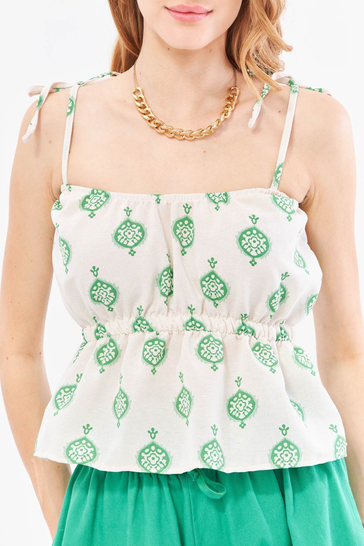 Female green patterned linen -looking waist rubber straps connected Strapless Crop blouse
